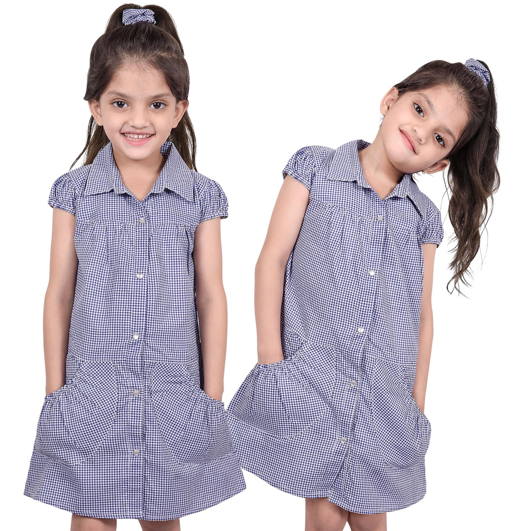 Kids Girls Pack Of 2 Uniform School Dress Gingham Dress With Matching Scrunchies