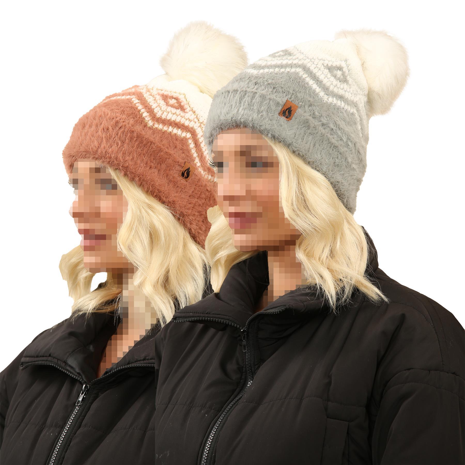 Ladies Hats Fluffy Knit Bobble Beanie Sherpa Lined Pom Pom Winter Warm Cosy Caps