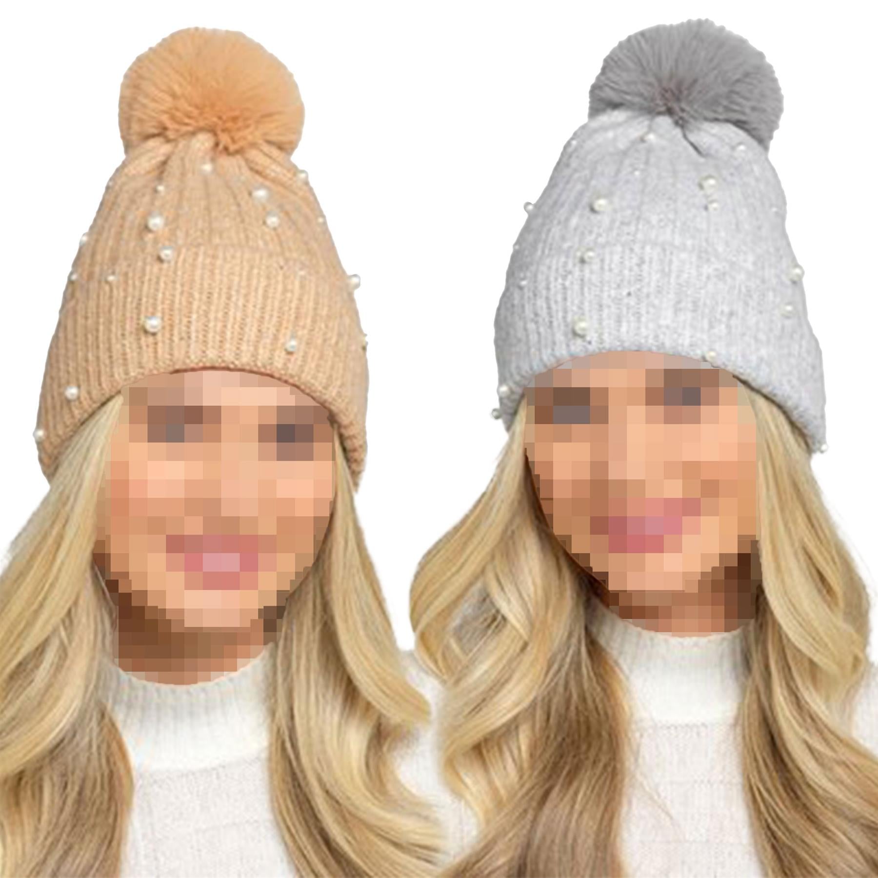 A2Z Ladies Hat Ribbed Pearls Knit Bobble Pom Pom Winter Warm Cozy Women Hats