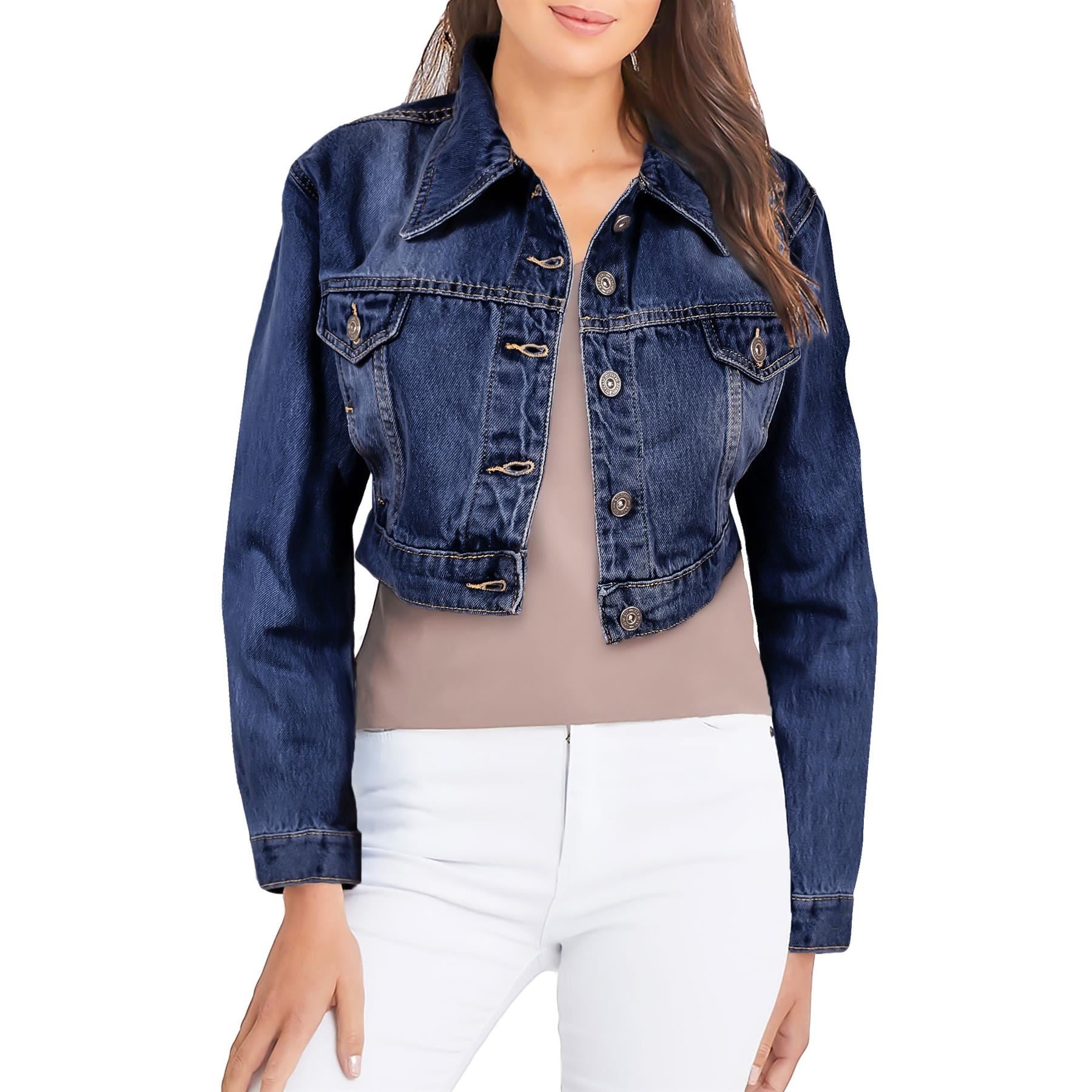 Ladies Cropped Denim Jacket Dark Blue Premium Cotton Vintage Fashion Jeans