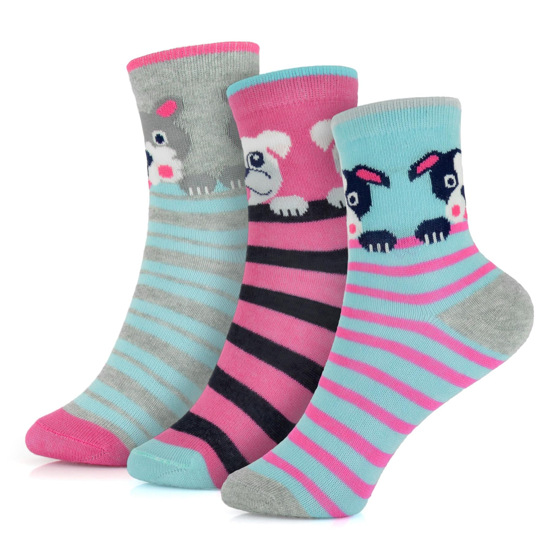 Kids Girls Cotton Rich Dog and Fruit Print Soft Pack of 3 Socks Striped Socks