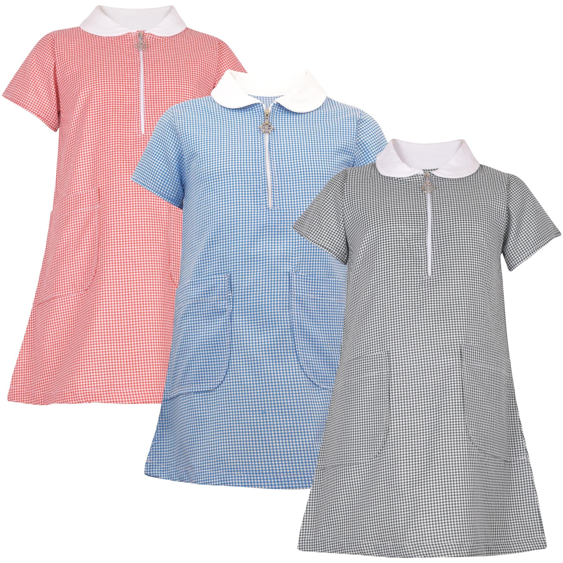 Girls Gingham School Dress Short Sleeve Check Zip Up Dresses With Scrunchies