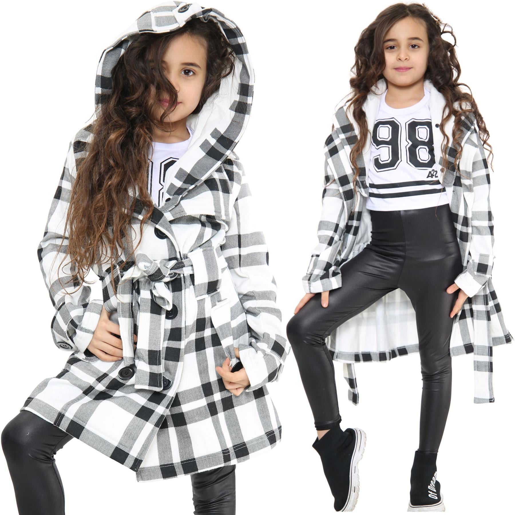 Kids Girls Overcoats Hooded Trench Coats Lapels White Check Long Parka Jackets