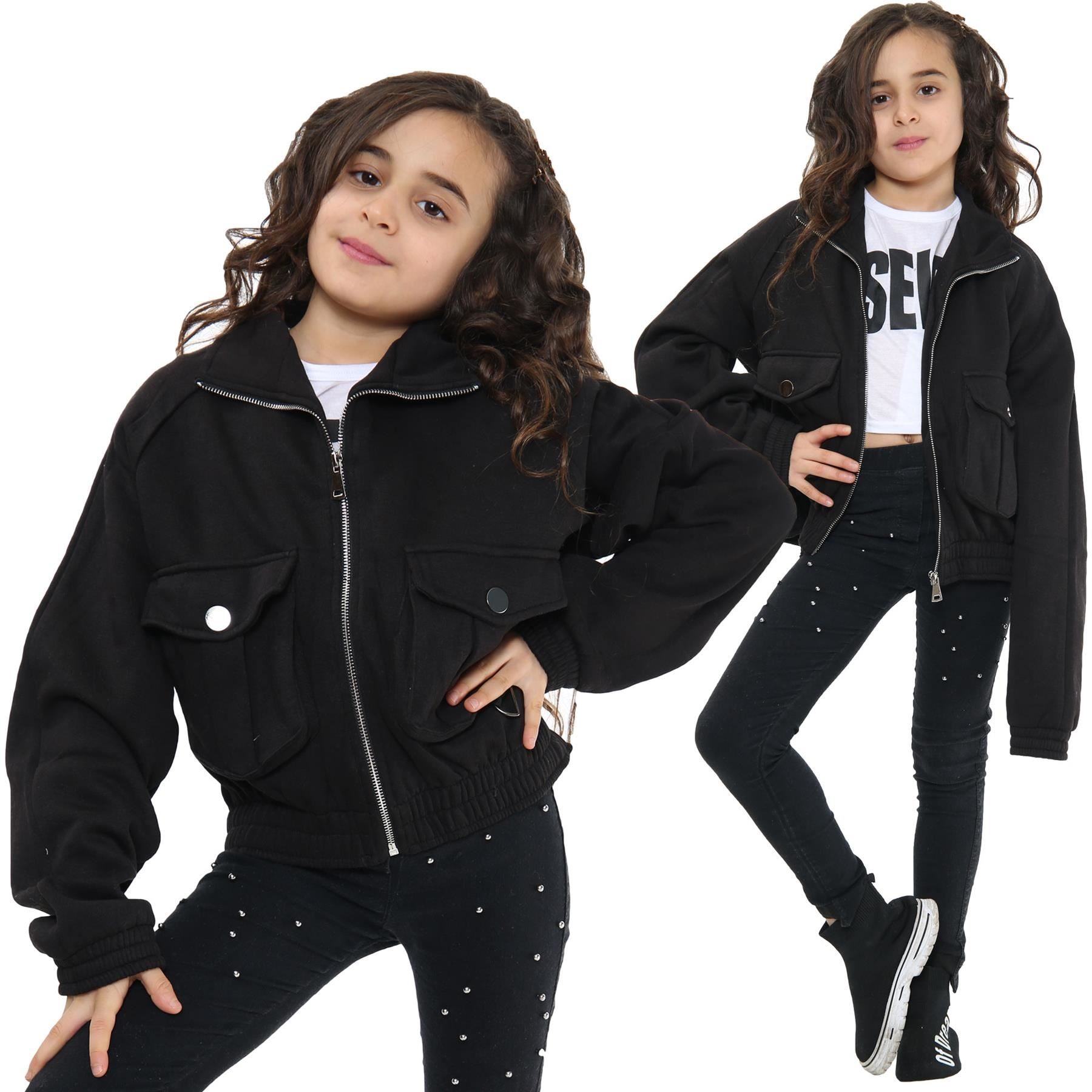 Kids Girls Plain Zip Up Cropped Black Jackets Utility Pockets Fleece Coats 7-13Y