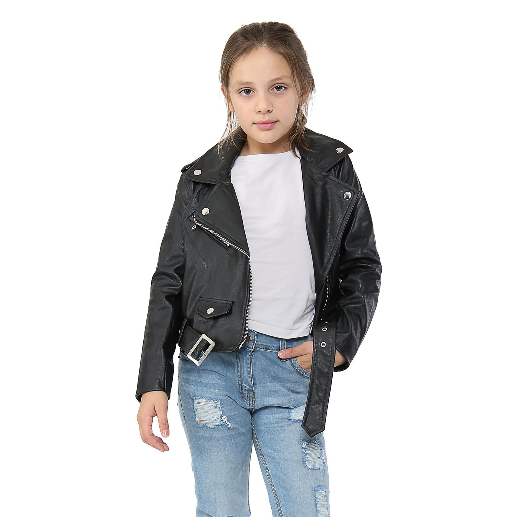 Kids Girls Jackets PU Leather Jacket Zip Up Coats