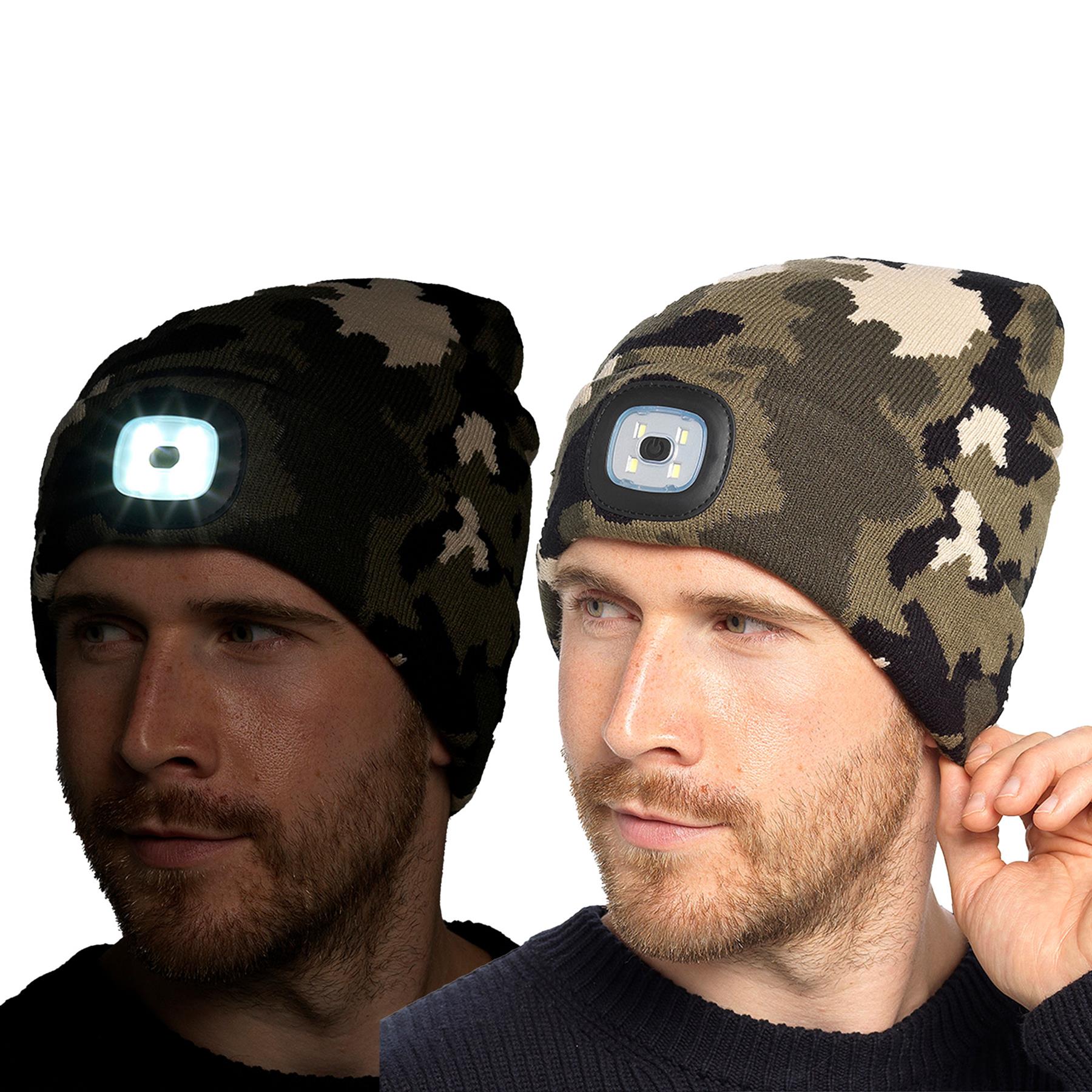 A2Z Mens LED Hat Camouflage Knitted Beanies Caps USB Rechargeable LED Torch Cap