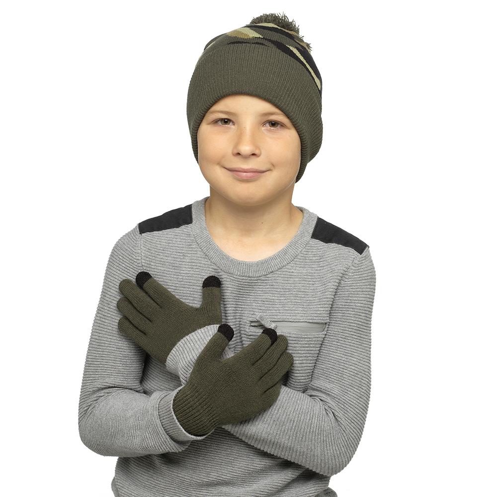 Kids Boys Hat Knitted Bobble Pom Pom Camo Hats Gloves Set Winter Warm Gloves Set