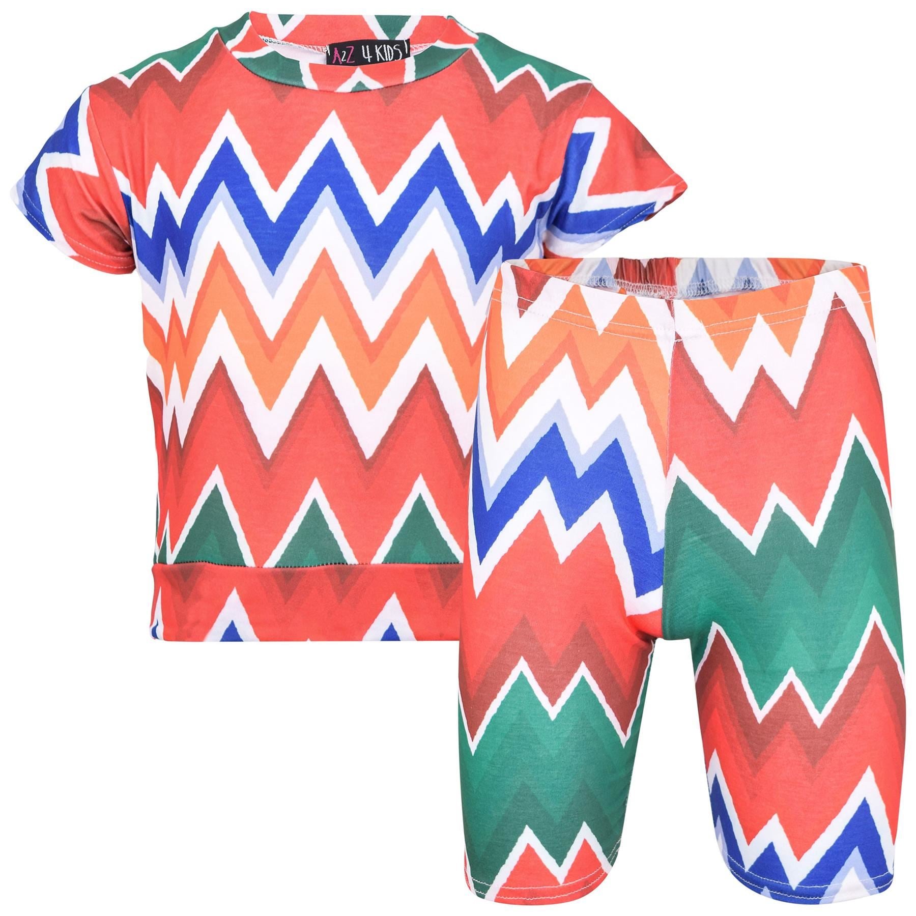 Girls Top Kids Short Sleeves Crop Top Chevron Print T Shirt Top & Shorts Set