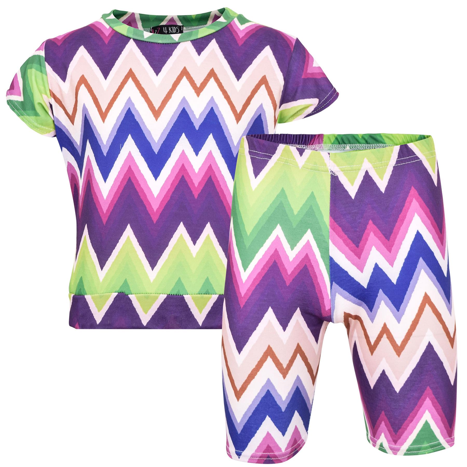 Girls Top Kids Short Sleeves Crop Top Chevron Print T Shirt Top & Shorts Set