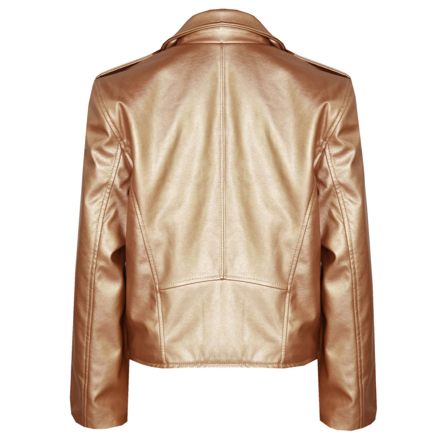 Kids Girls Gold Jackets PU Leather Zip Up Biker Coat Overcoats