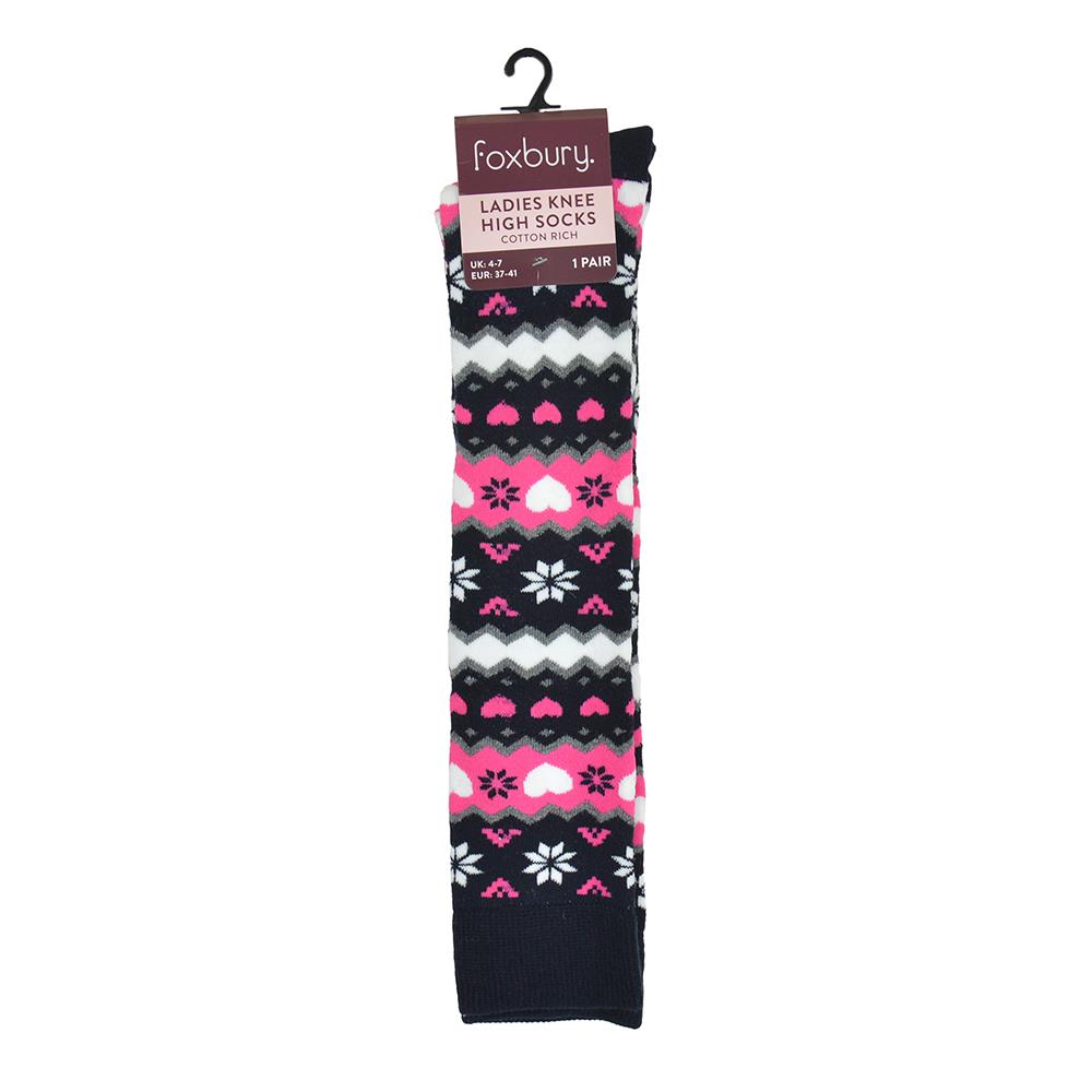 Ladies 2 Pack Fairisle Knee High Socks Novelty Sock Snowflake Welly Boot Socks