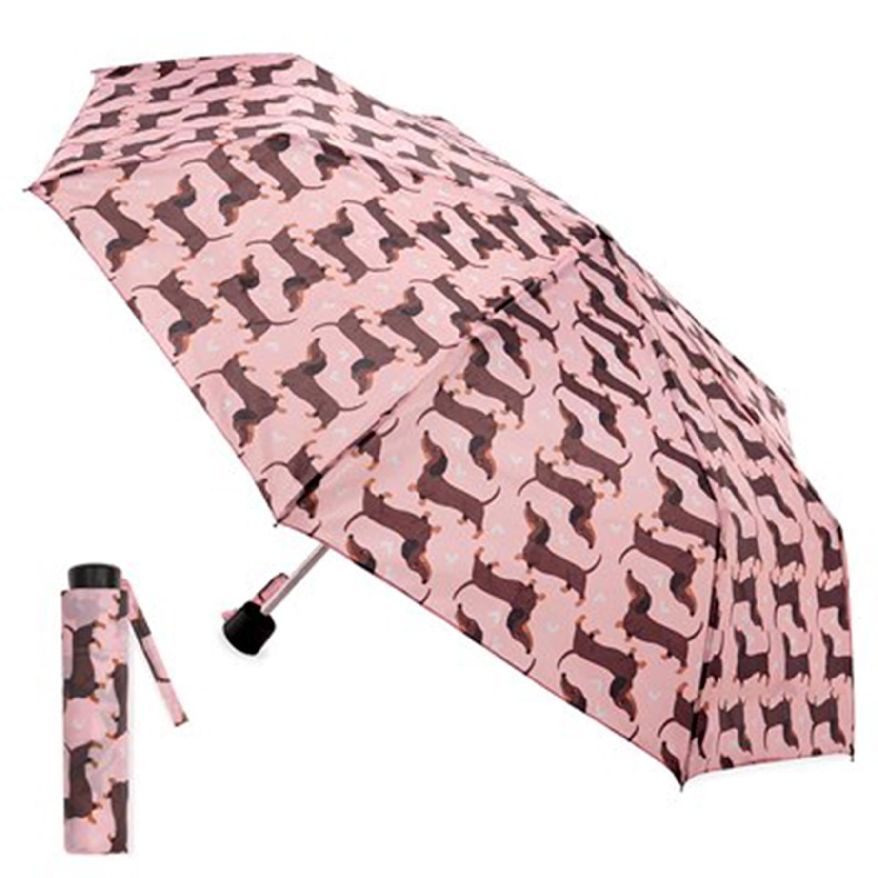 Ladies Supermini Folding Umbrella Sausage Dog AOP Weather Resist Compact Brolly