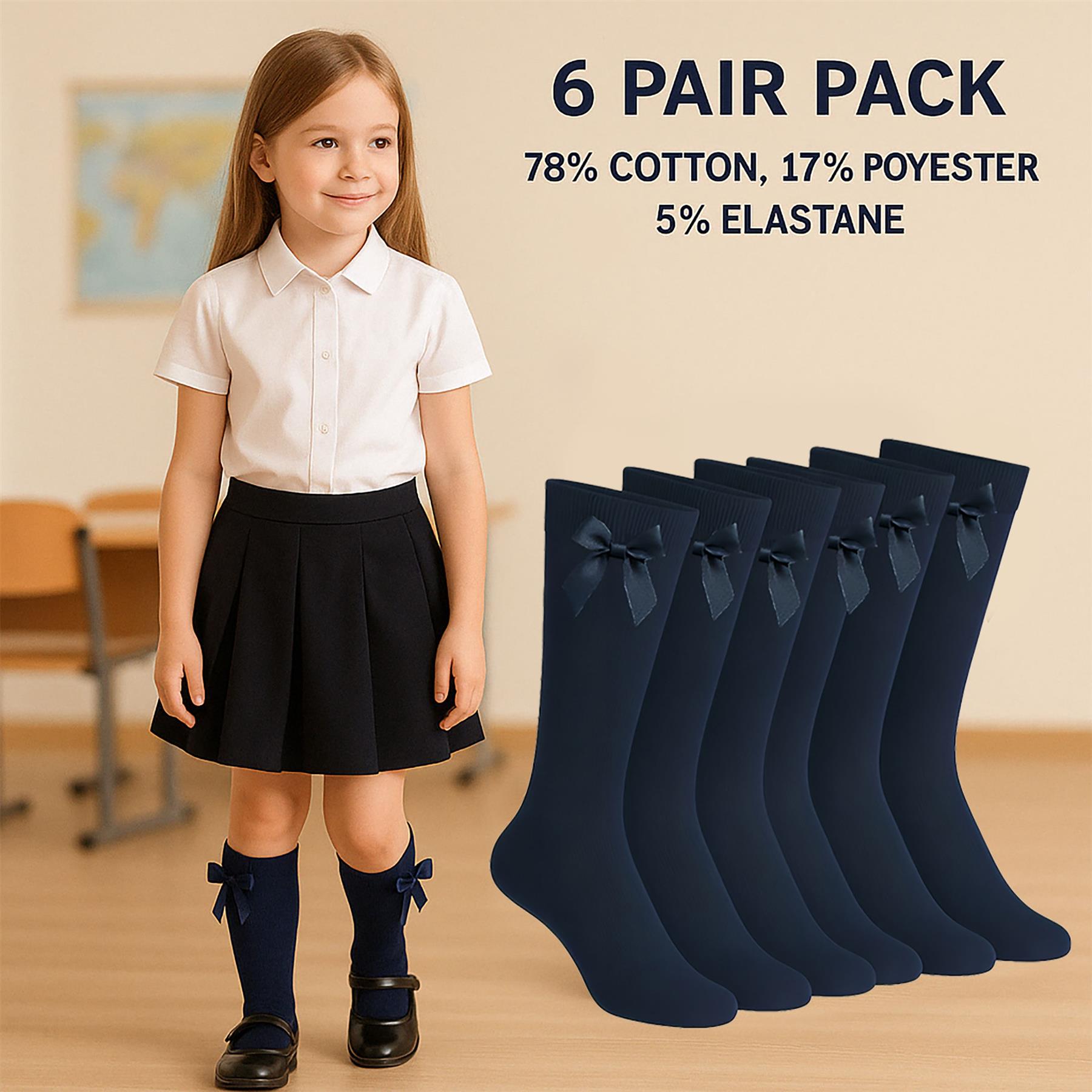 A2Z 4 Kids Girls 6 Pack Plain Knee High Socks With Ribbon Bow School Socks
