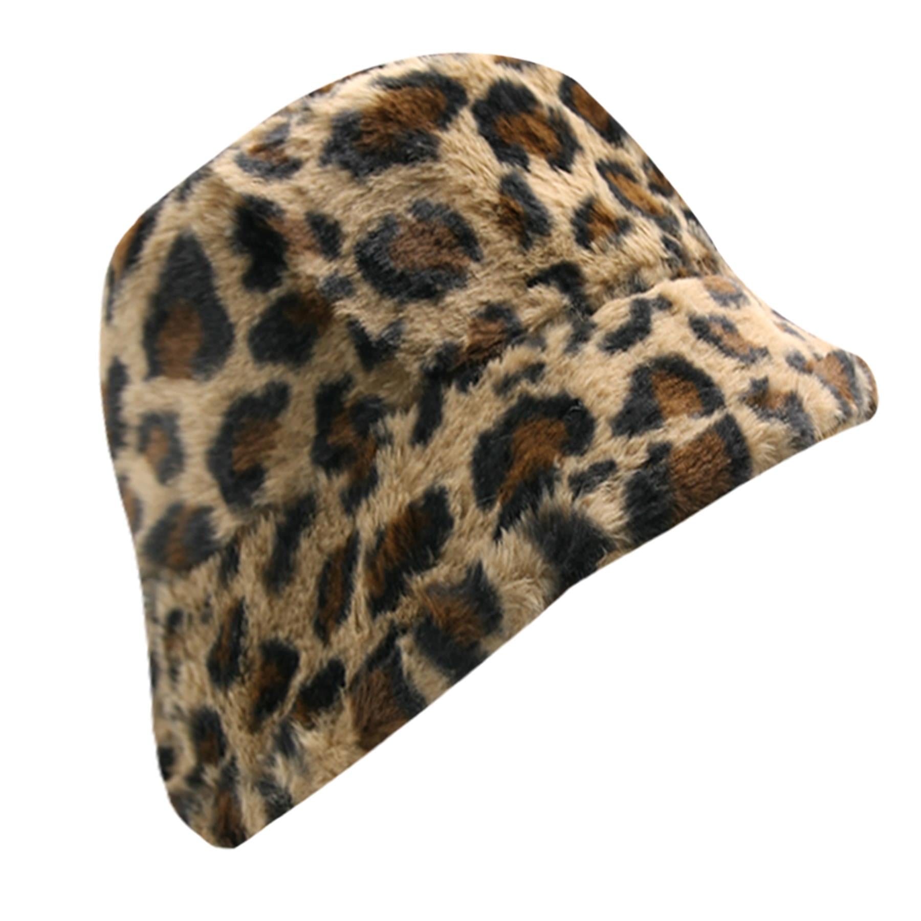 Ladies Bucket Hats Winter Warm Fluffy Leopard Faux Fur Soft Plush Fisherman Cap