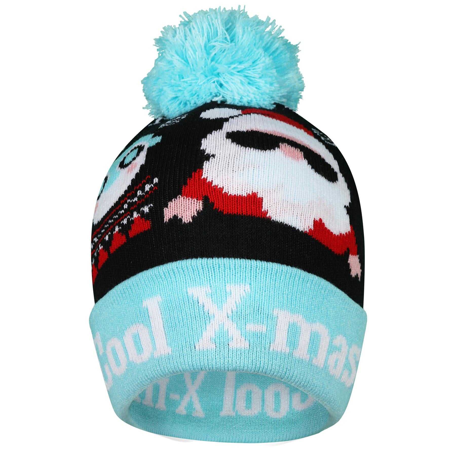 Kids Girls Hat Xmas Ho Ho Ho Pudding Knit Bobble Pom Pom Winter Warm Cozy Hats