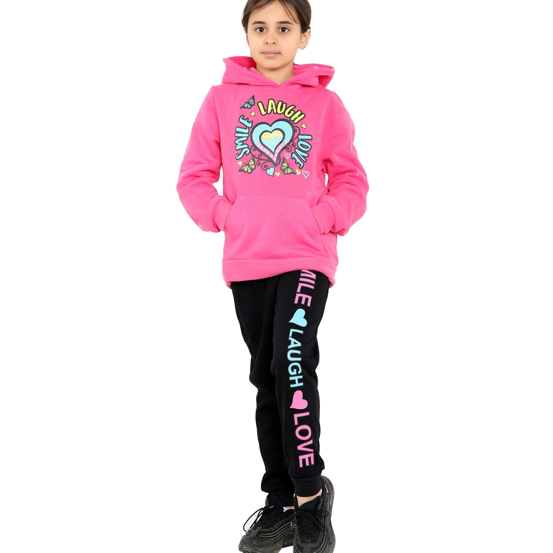 A2Z 4 Kids Girls Tracksuit Smile Laugh Love Print Hooded Top Bottoms Outfit Set