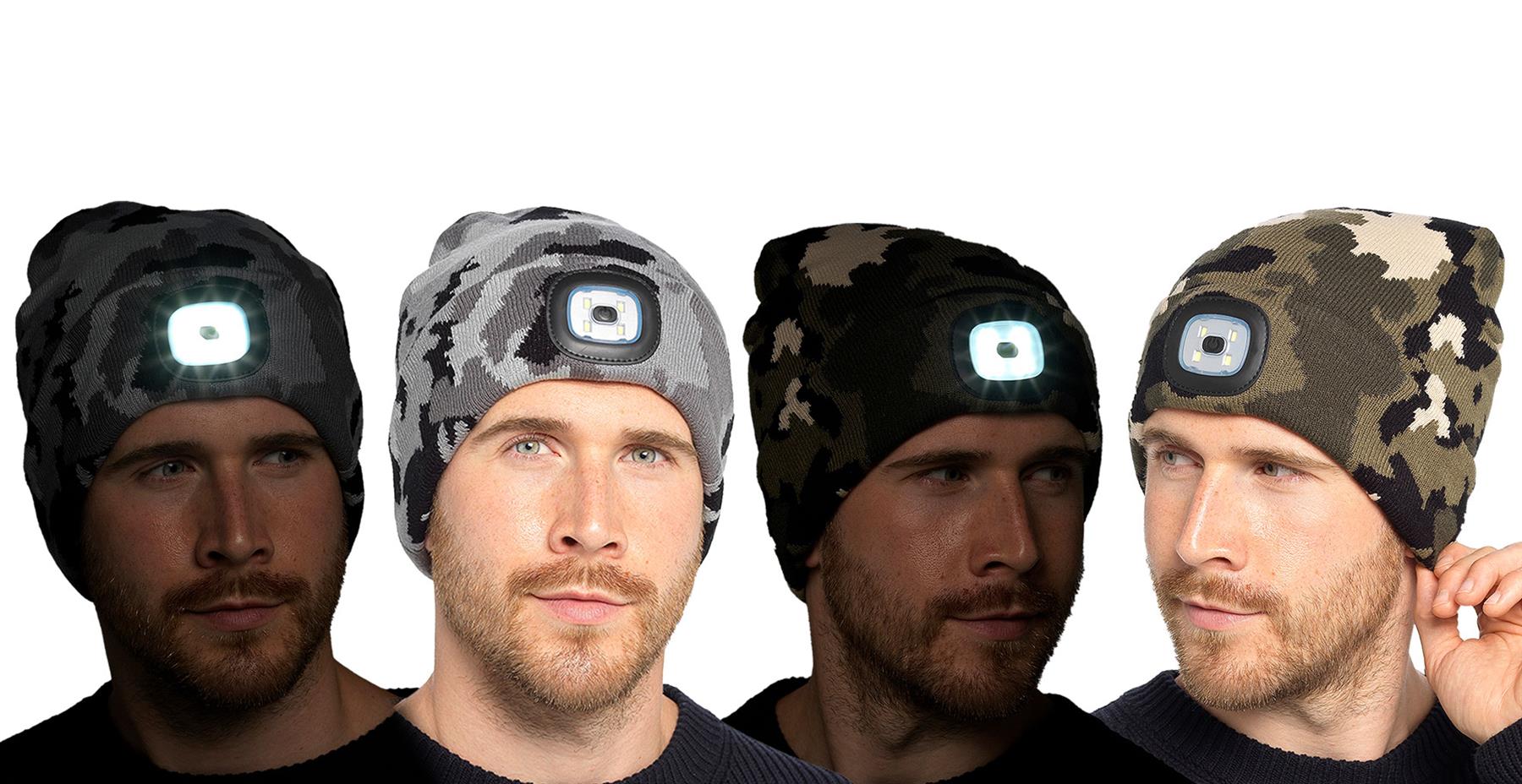 A2Z Mens LED Hat Camouflage Knitted Beanies Caps USB Rechargeable LED Torch Cap