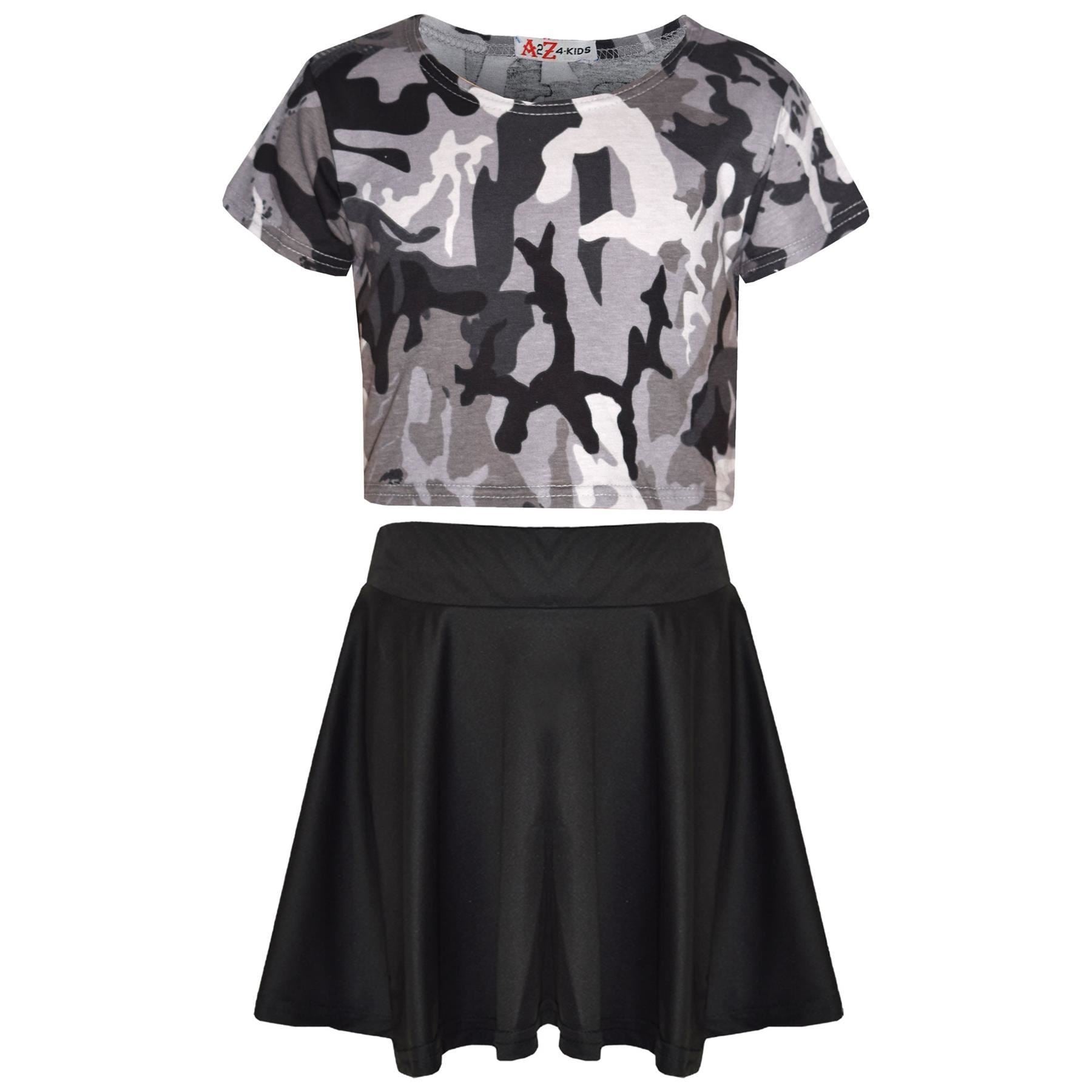 Kids Girls Camouflage Print Crop Top & Skater Skirt Summer Wear Outfit Set