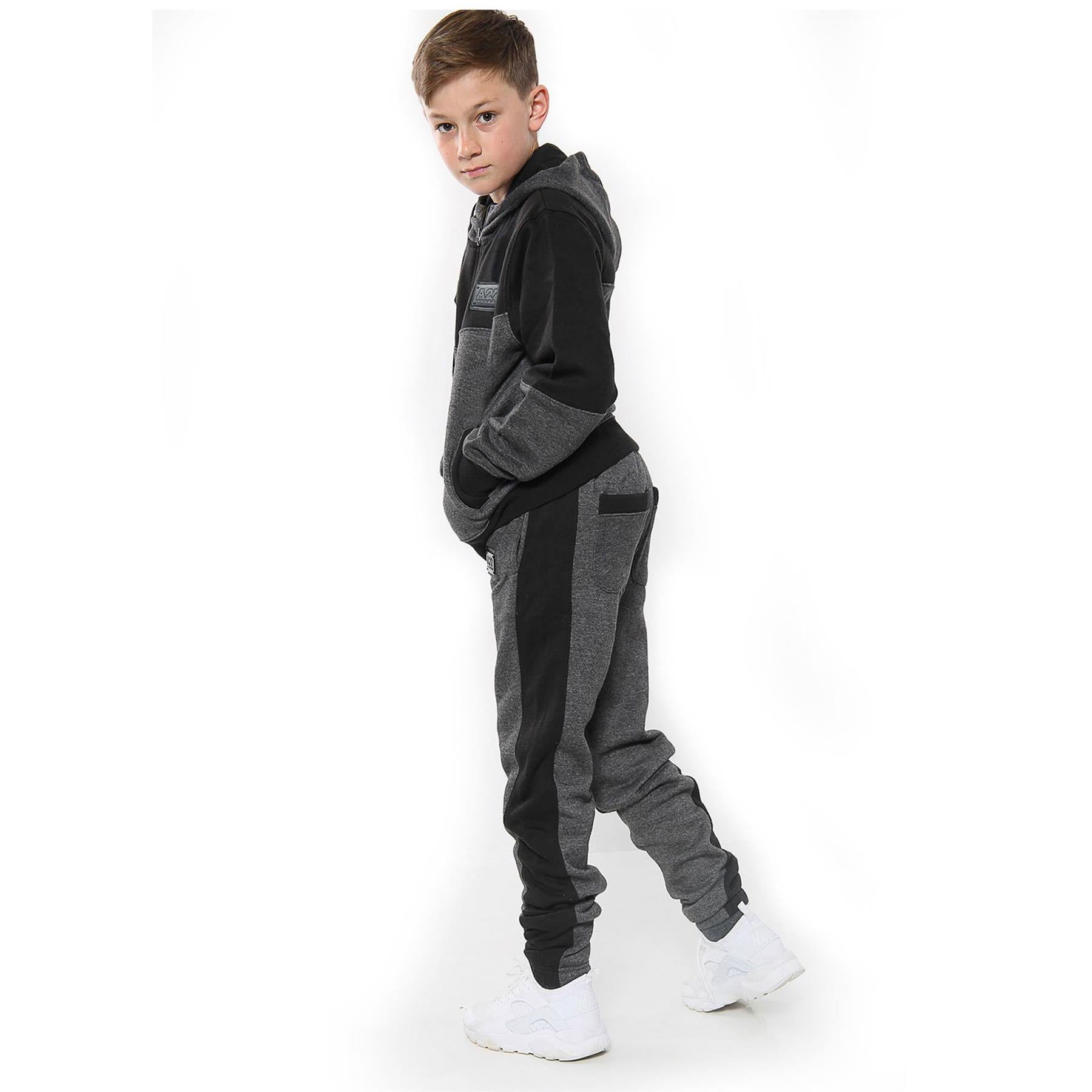 Kids Girls Boys A2Z Contrast Panel Charcoal Hooded Tracksuit