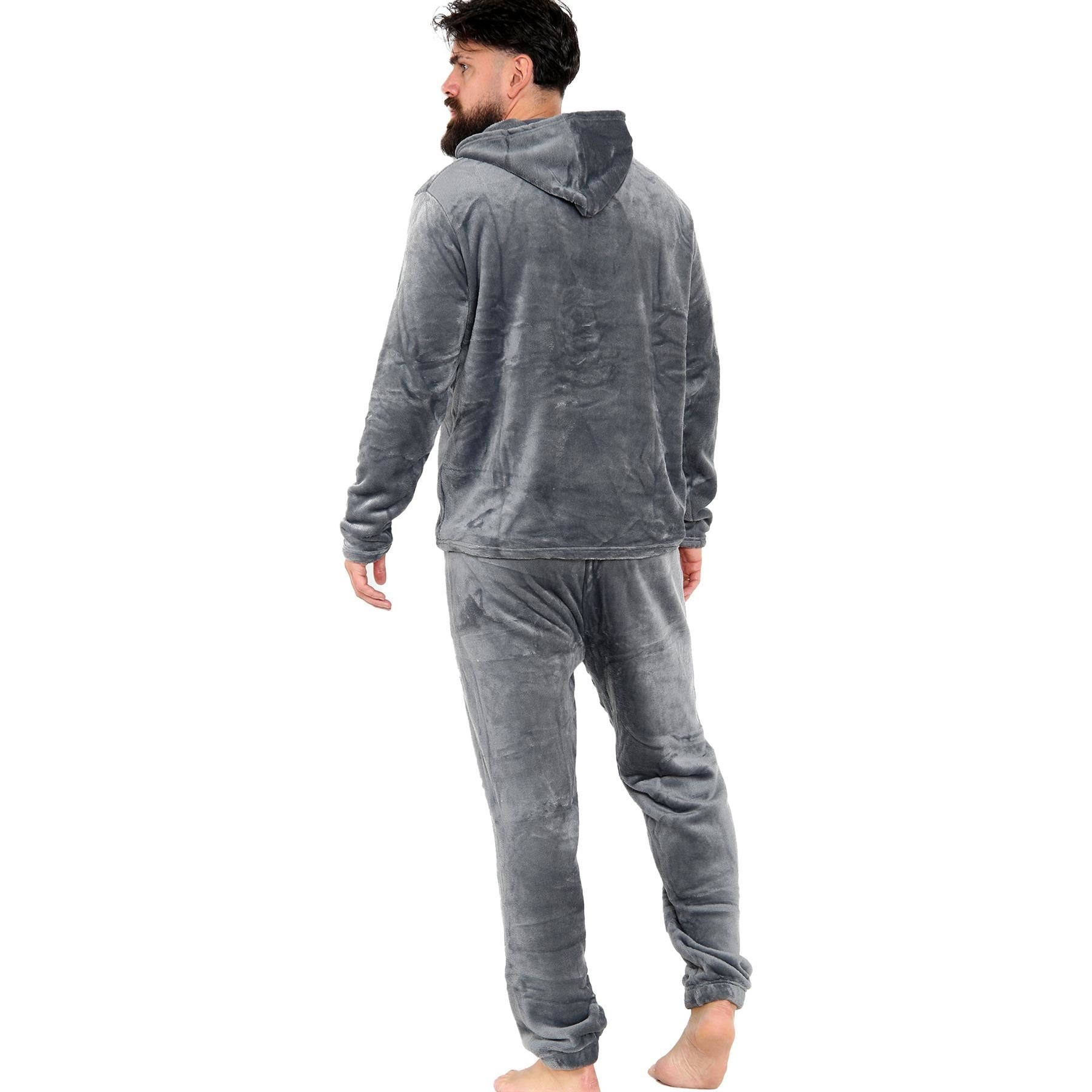 Mens Pyjamas Set Long Sleeve Hooded Plain Soft Fleece Pyjamas Set