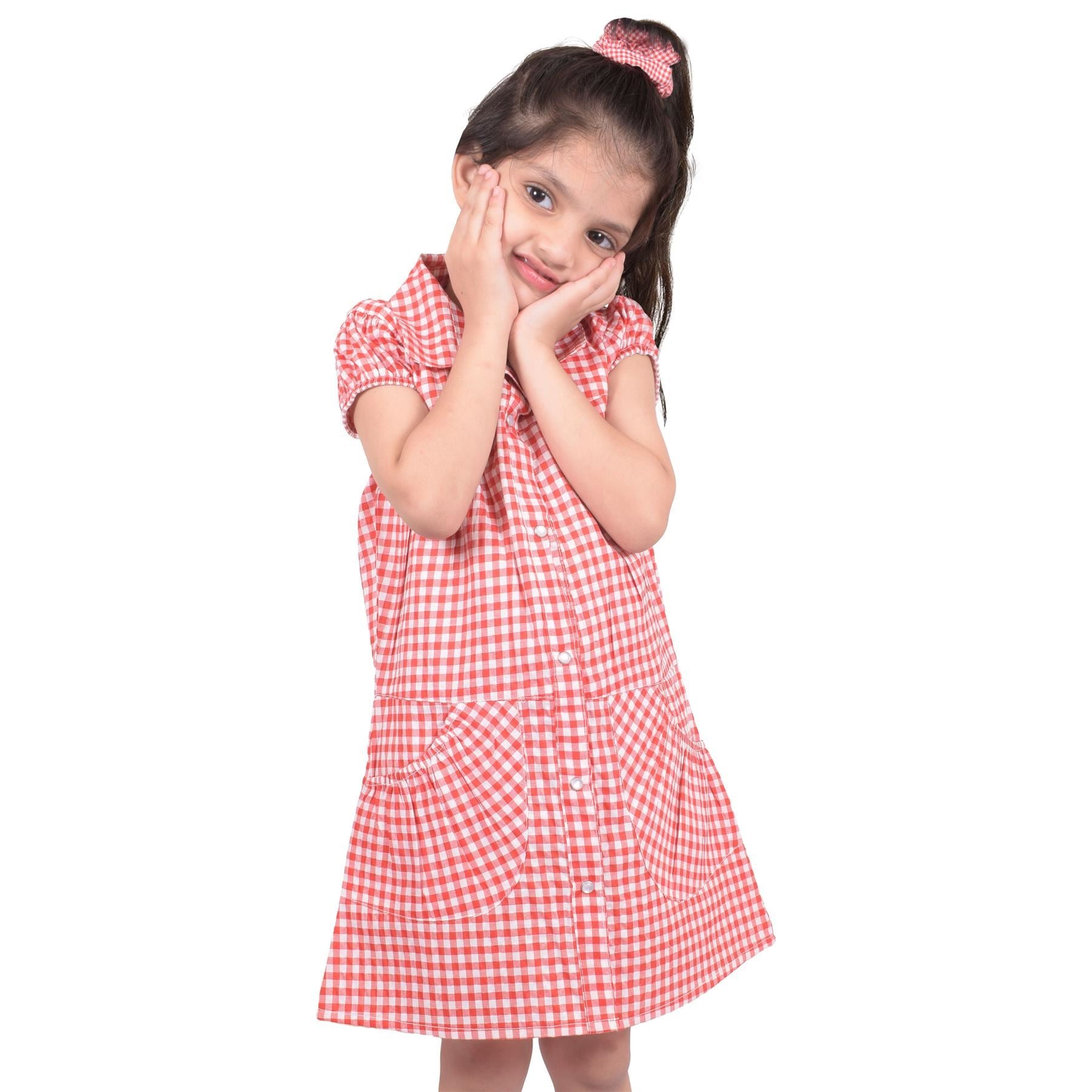 Kids Girls Gingham School Dress Check Printed Dresses With Matching Scrunchies