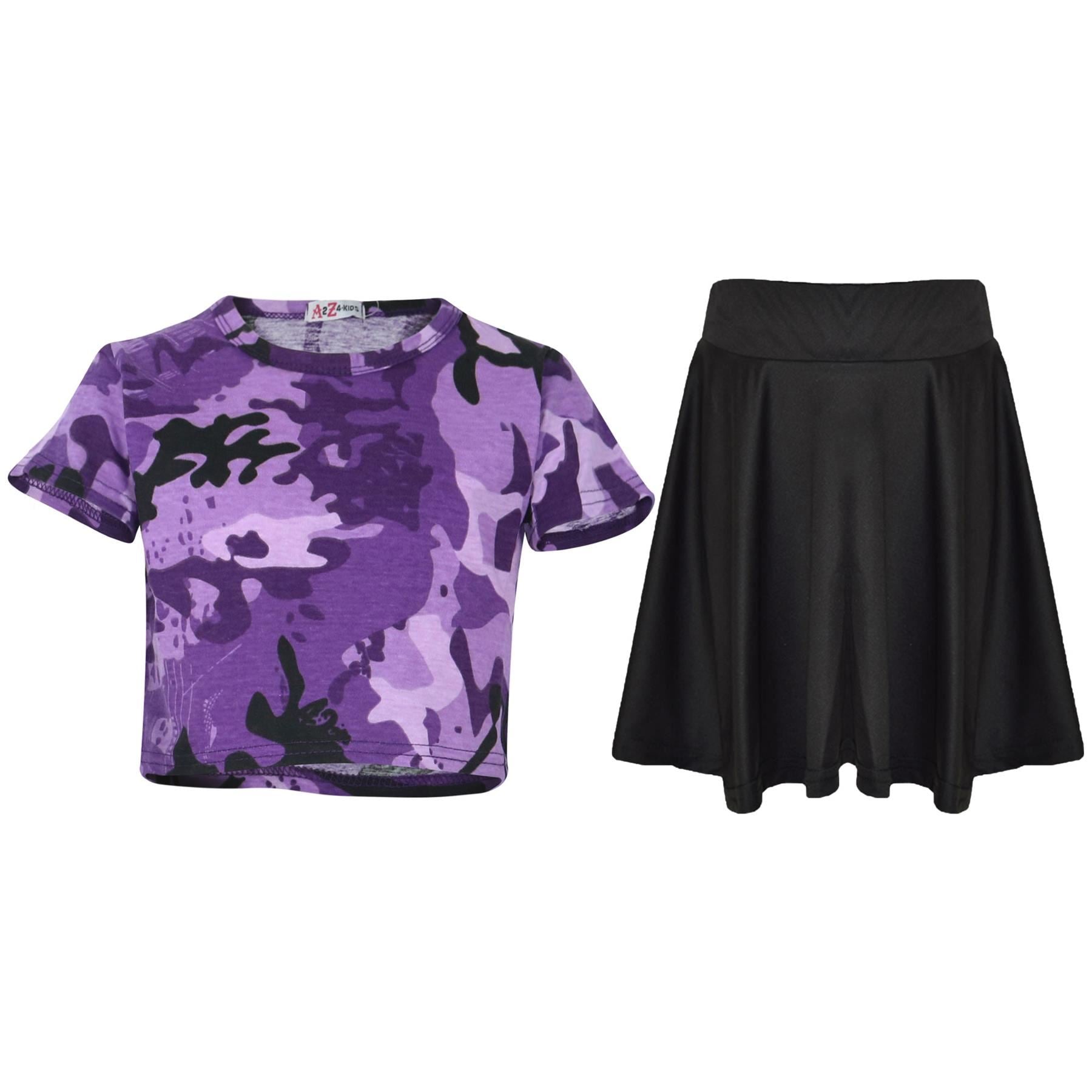 Kids Girls Camouflage Print Crop Top & Skater Skirt Summer Wear Outfit Set