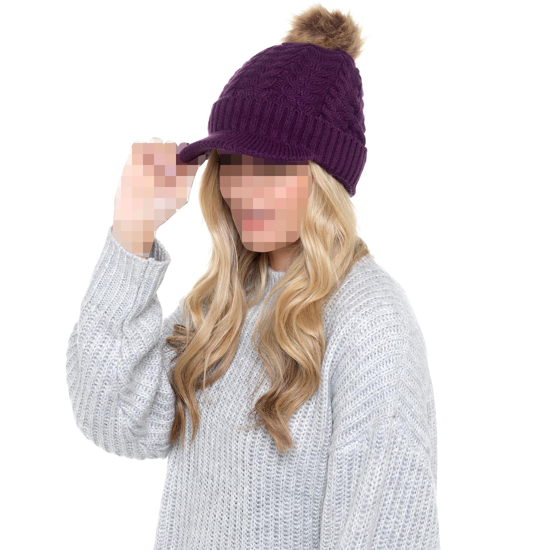 A2Z Ladies Hat Cable Knit Peaked Sherpa Detachable Pom Pom Winter Warm Cozy Caps