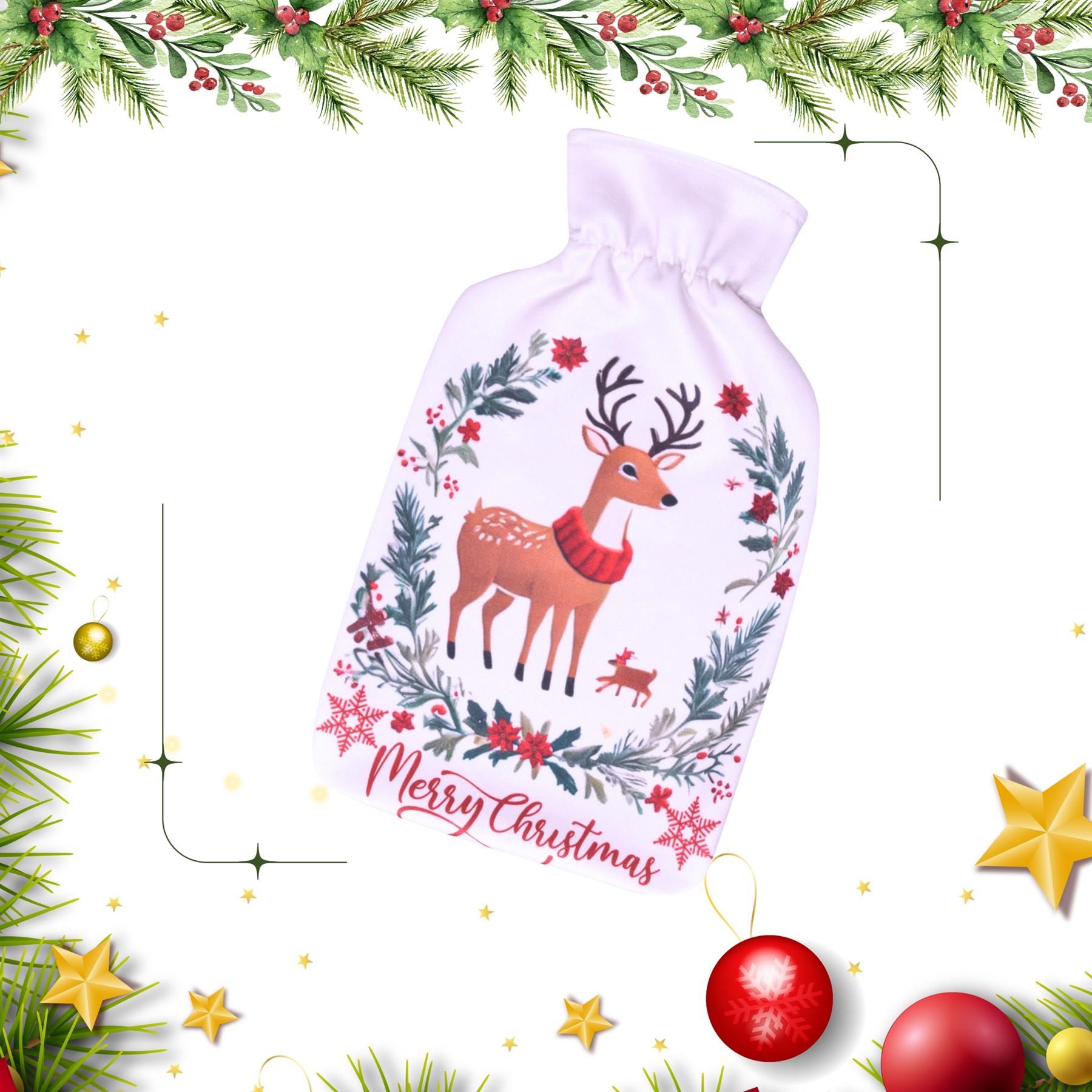 Merry Christmas Reindeer Novelty Hot Water Bottles 2L Pain Relief Heat Therapy