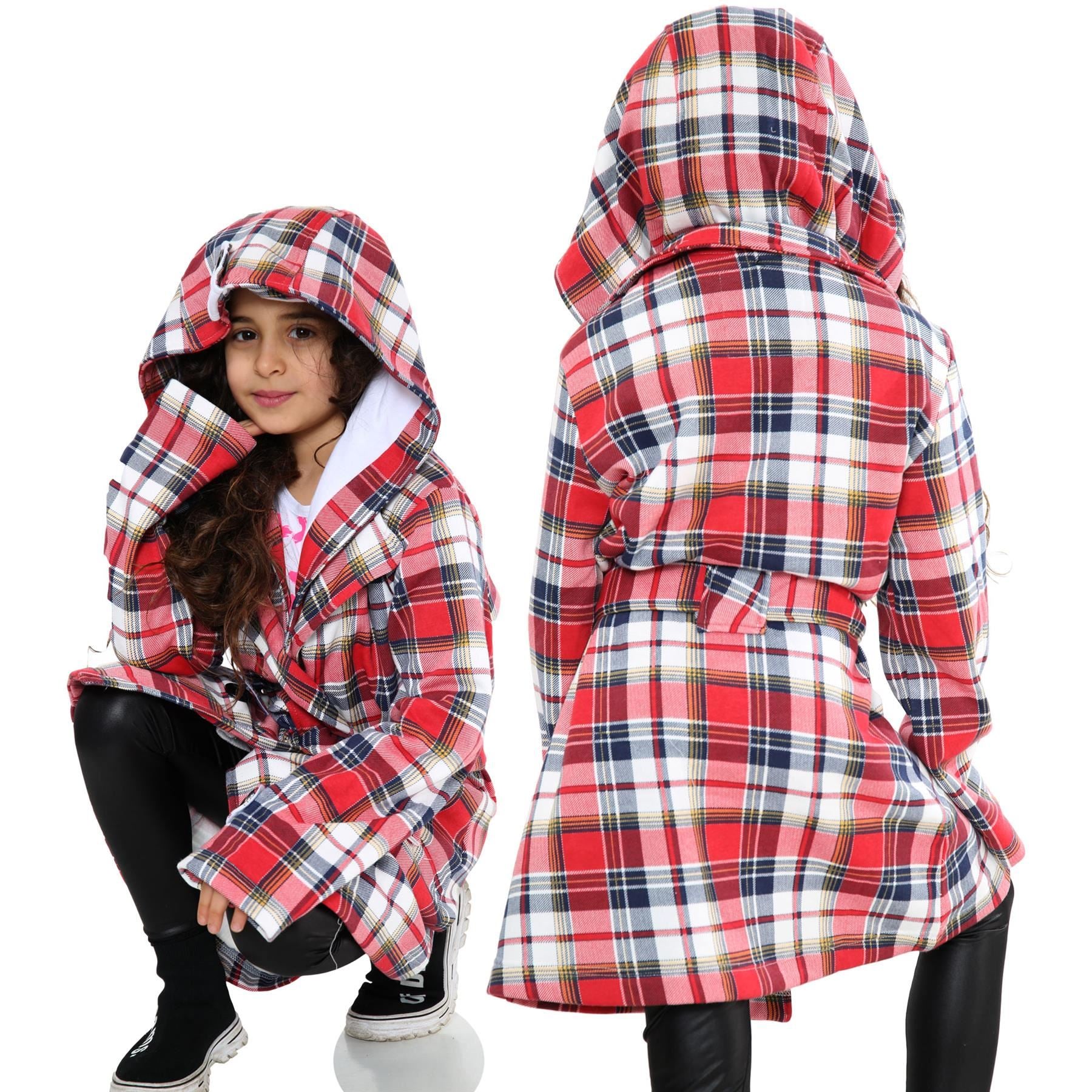 Kids Girls Overcoats Hooded Trench Coats Lapels Multi Check Long Parka Jackets