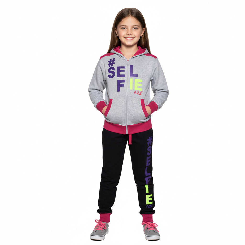 A2Z 4 Kids Girls Boys #SELFIE Tracksuit Hoodie & Joggers Outfit Set Top Bottom