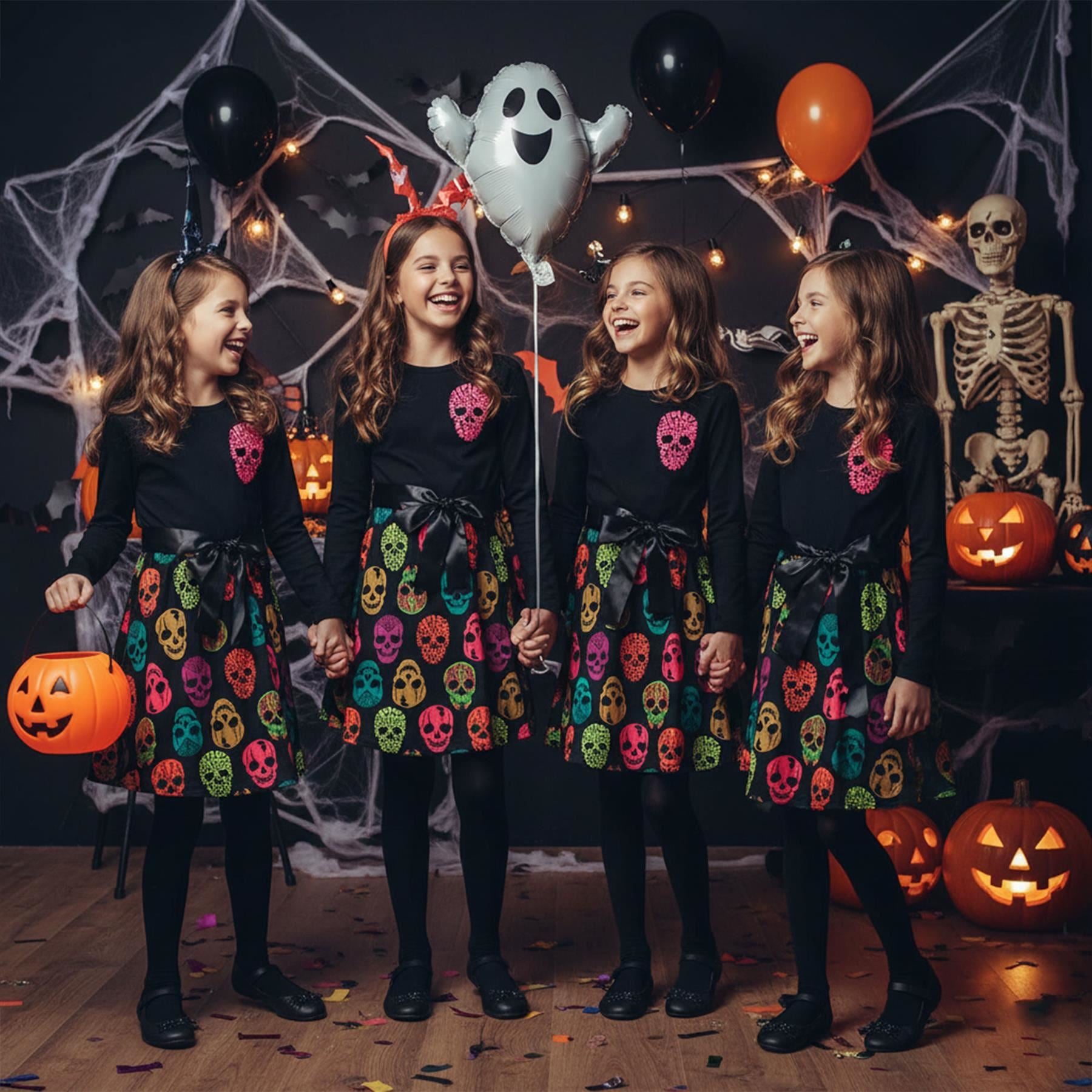 Girls Multi Colors Skull Print Halloween Skater Dress