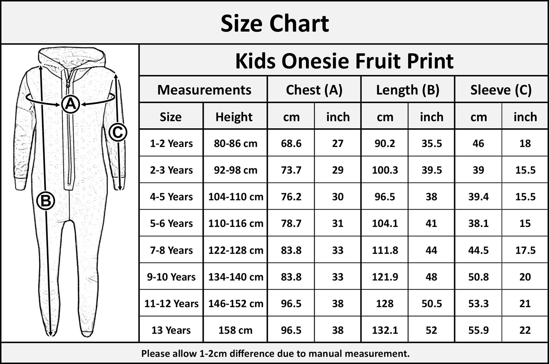 Kids Onesie Girls Boys Fruit Print Soft Fluffy All In One Xmas Costume 2-6 Years