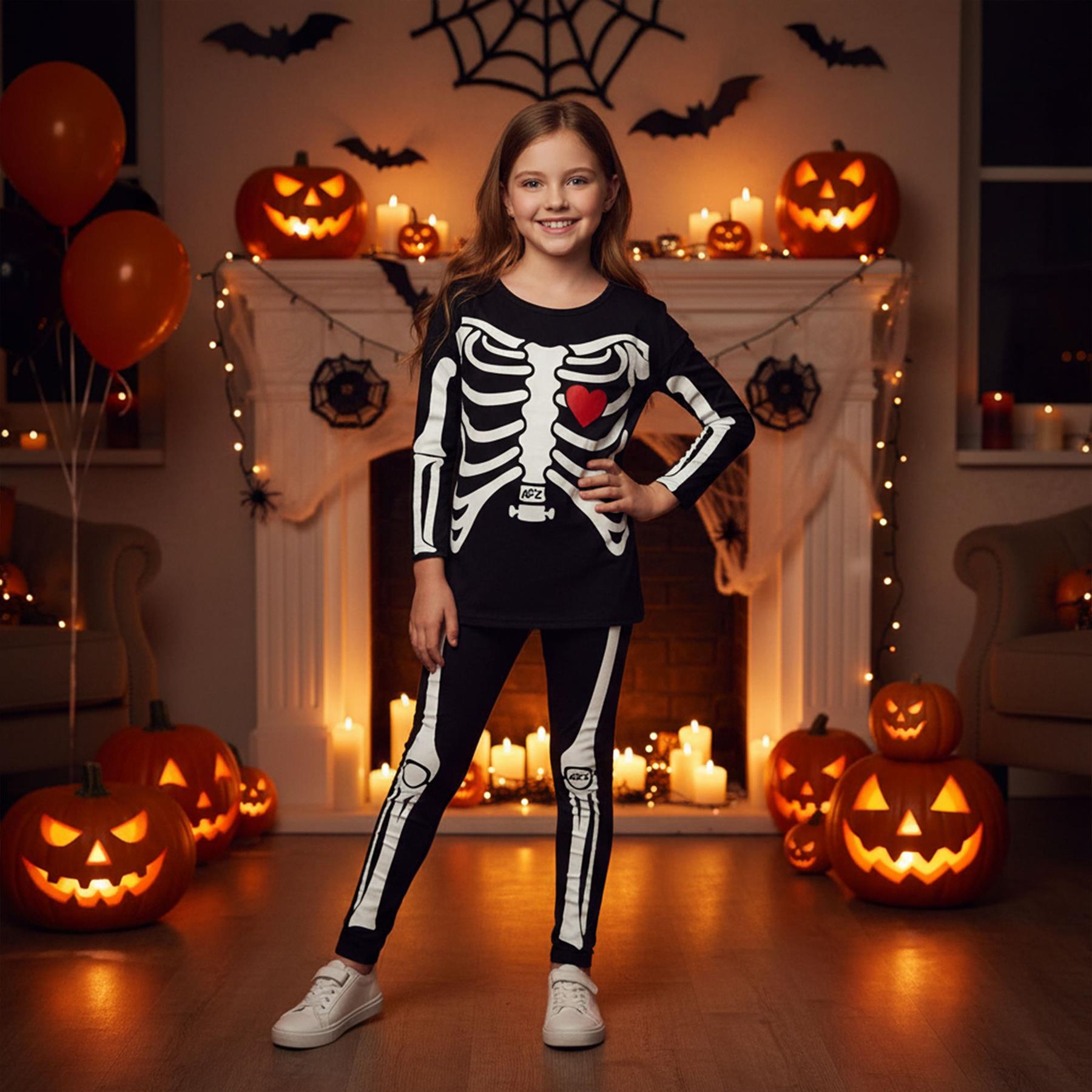 Kids Girls Skeleton Print Halloween Costume Set