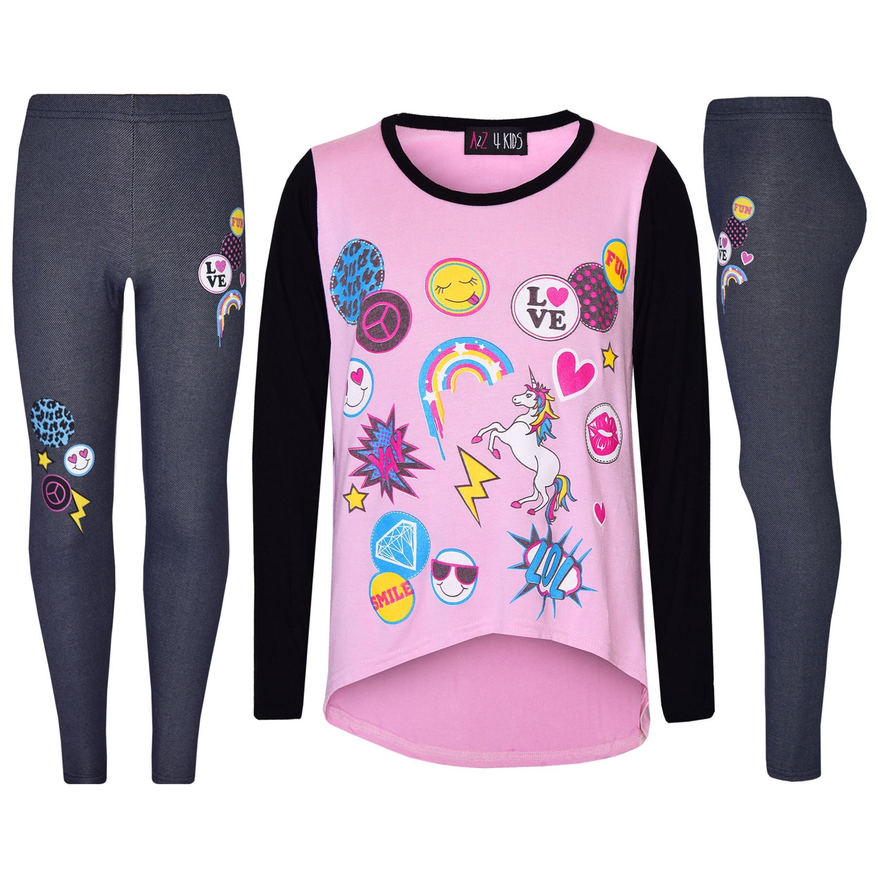 Girls Top Kids Long Sleeves Unicorn & Rainbow Print T Shirt & Legging Set