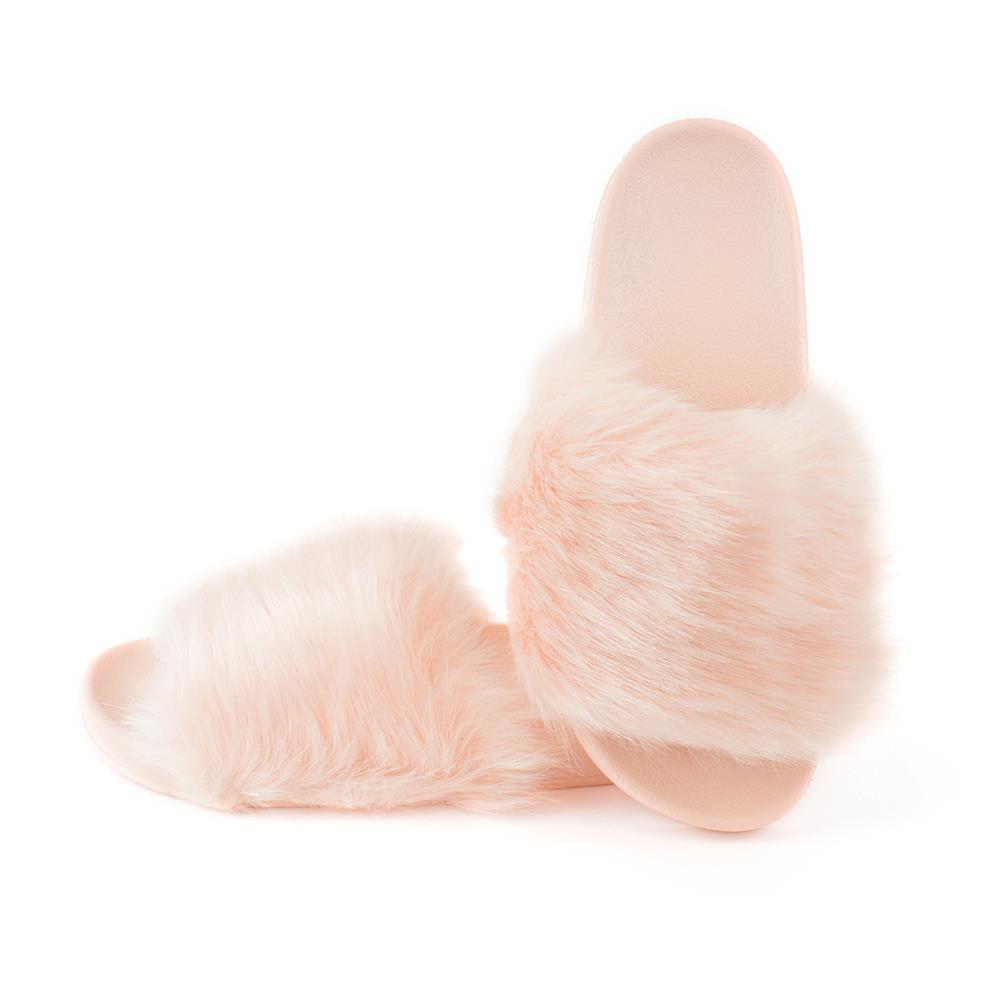 Womens Fluffy Fur Slipper Open Toe Slip-On Fashion Sliders for Ladies Sandals
