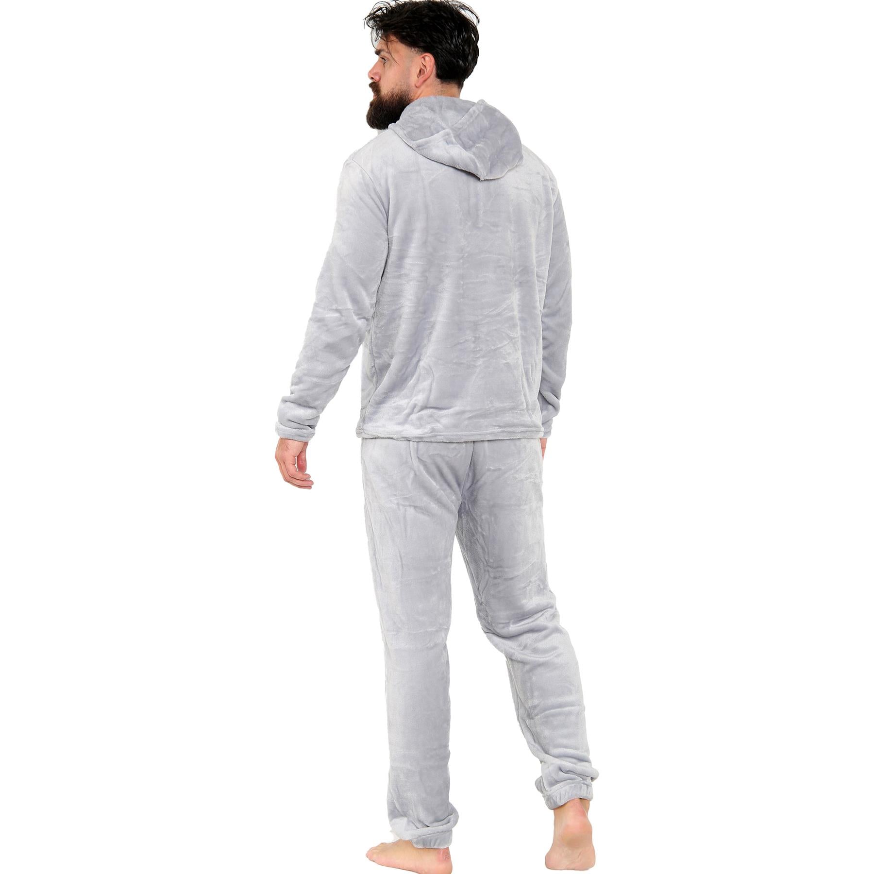 Mens Pyjamas Set Long Sleeve Hooded Plain Soft Fleece Pyjamas Set