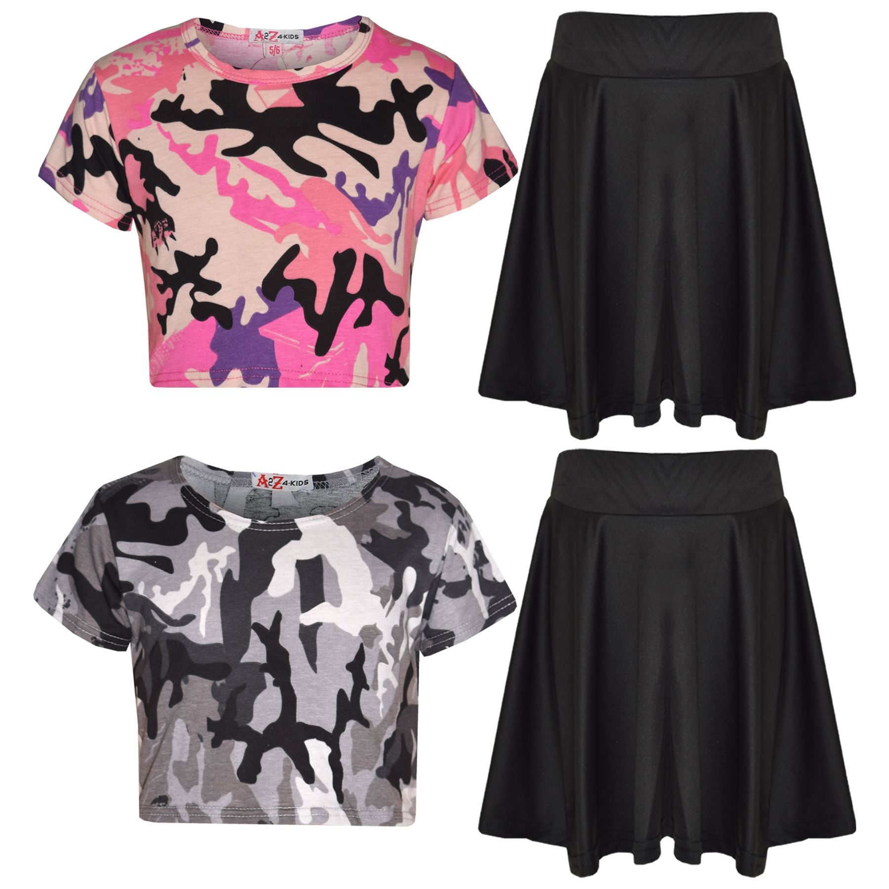 Kids Girls Camouflage Print Crop Top & Skater Skirt Summer Wear Outfit Set