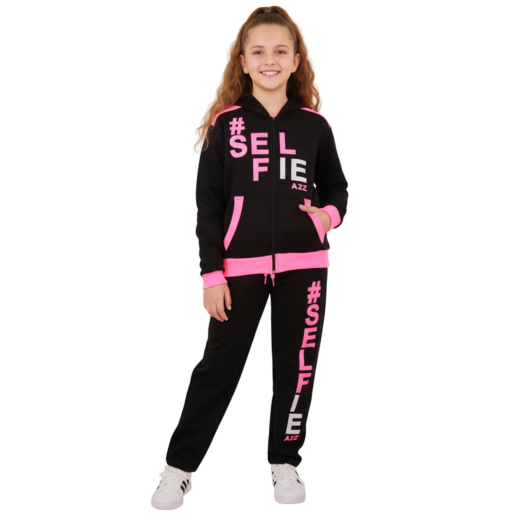 A2Z 4 Kids Girls Boys #SELFIE Tracksuit Hoodie & Joggers Outfit Set Top Bottom