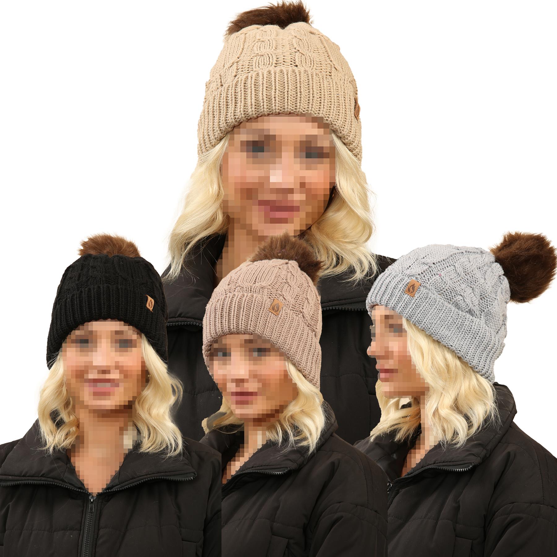 A2Z Ladies Hats 2 Pack Cable Knit Fur Bobble Beanie Pom Pom Winter Warm Cosy Cap