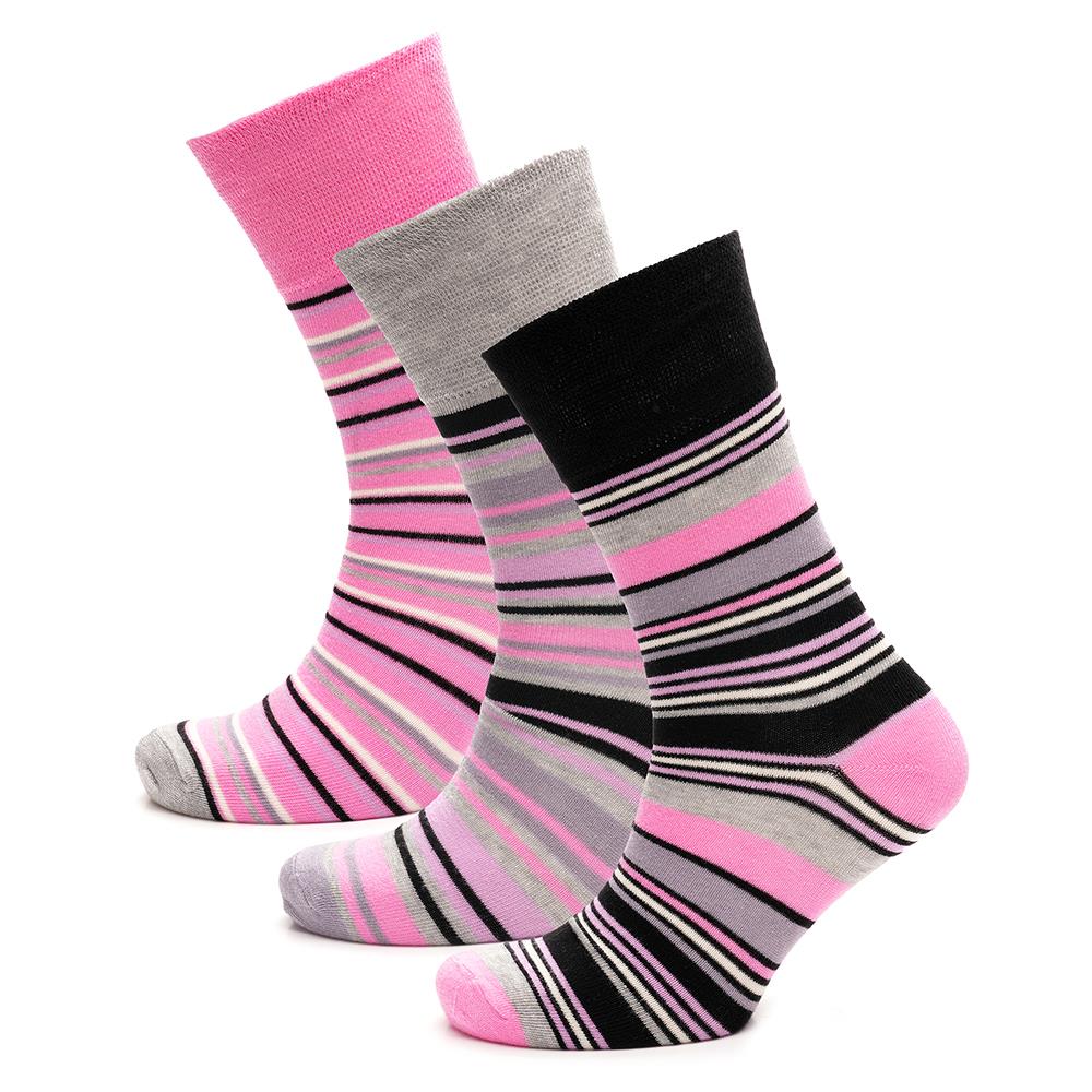 Ladies 3 Pack Bamboo Socks Non Elastic Heel & Toe Design Striped & Spotty Socks