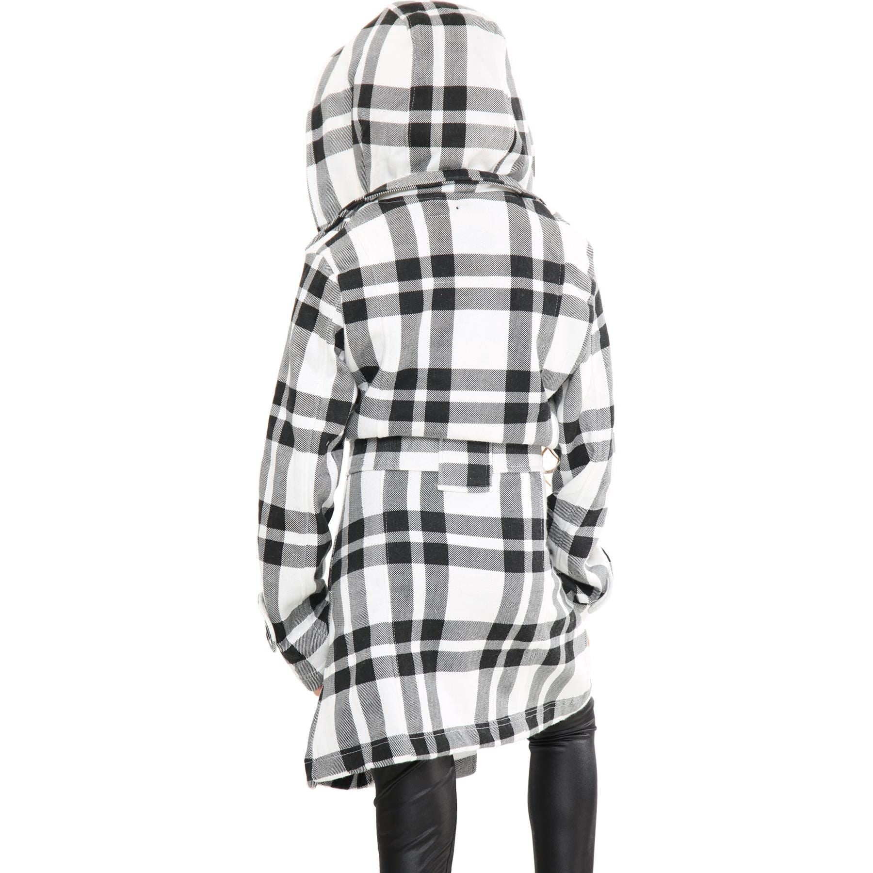 Kids Girls Overcoats Hooded Trench Coats Lapels White Check Long Parka Jackets