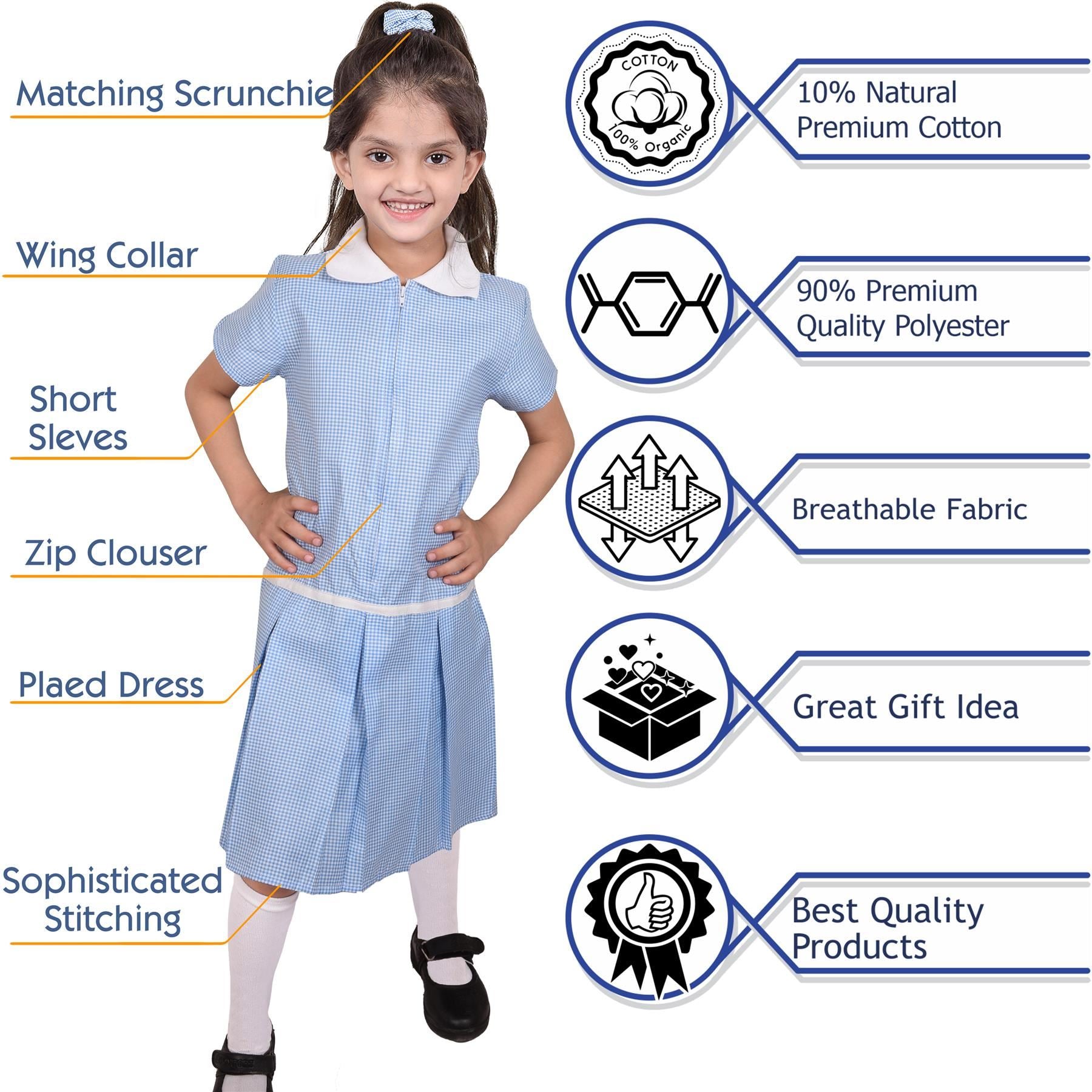 Kids Girls Gingham School Dress Zip Up Check Dresses With Matching Scrunchies