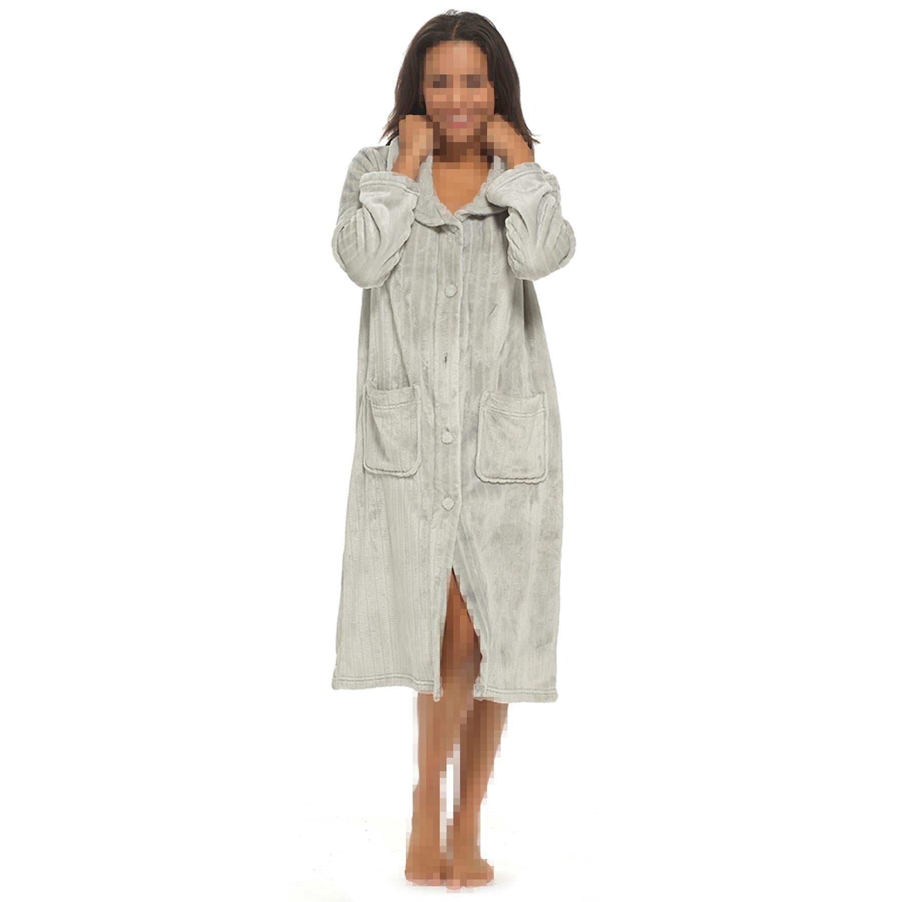 Womens Dressing Gown Soft Fleece Button Fluffy Bathrobe Shawl Collar Ladies Robe