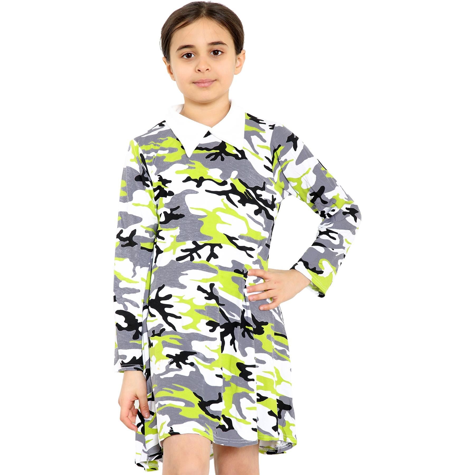 Kids Girls Swing Dress Peter Pan Collar Camouflage & Polka Dot Print Flared Skater Dresses