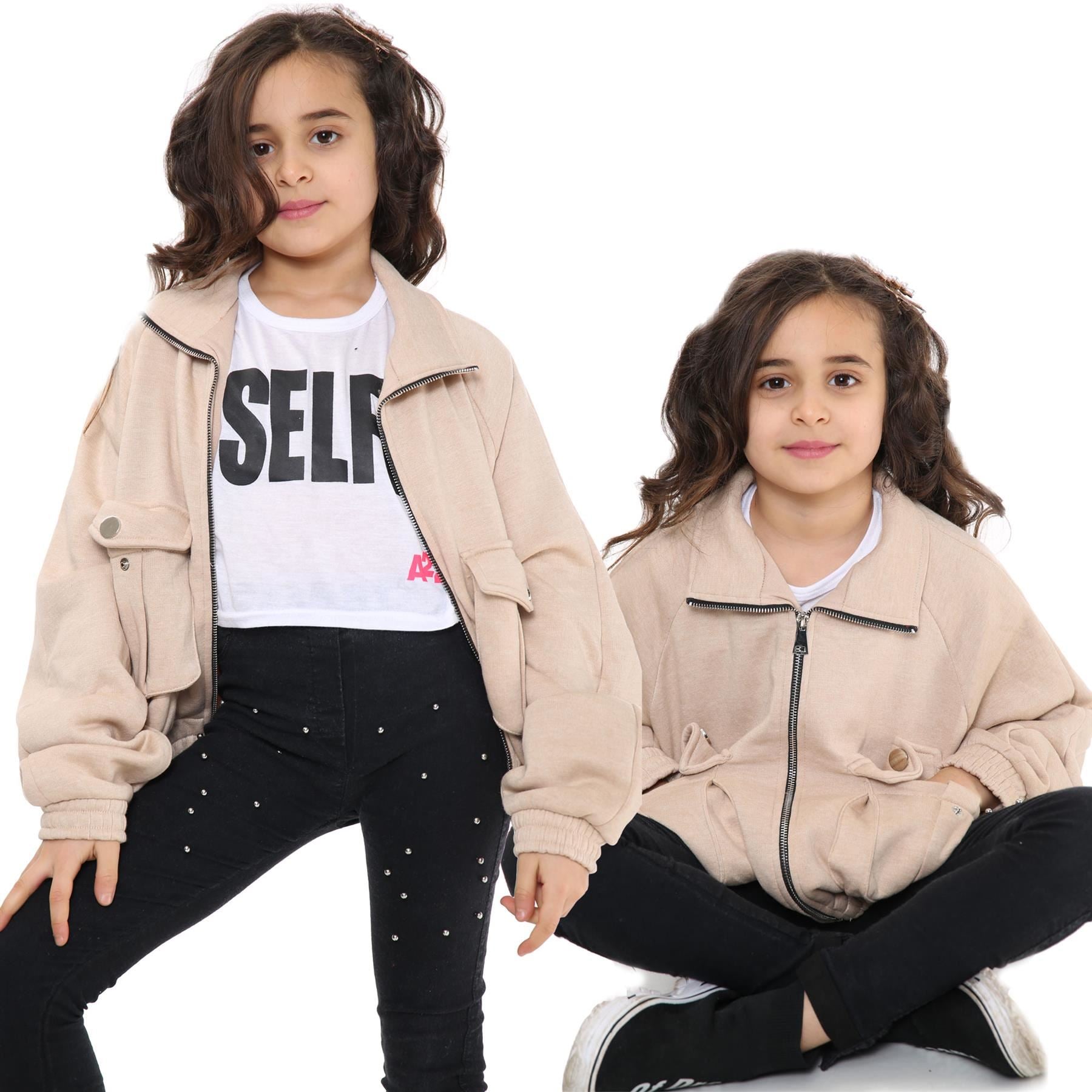 Kids Girls Plain Zip Up Cropped Jackets Utility Pockets Fleece Collared Coats