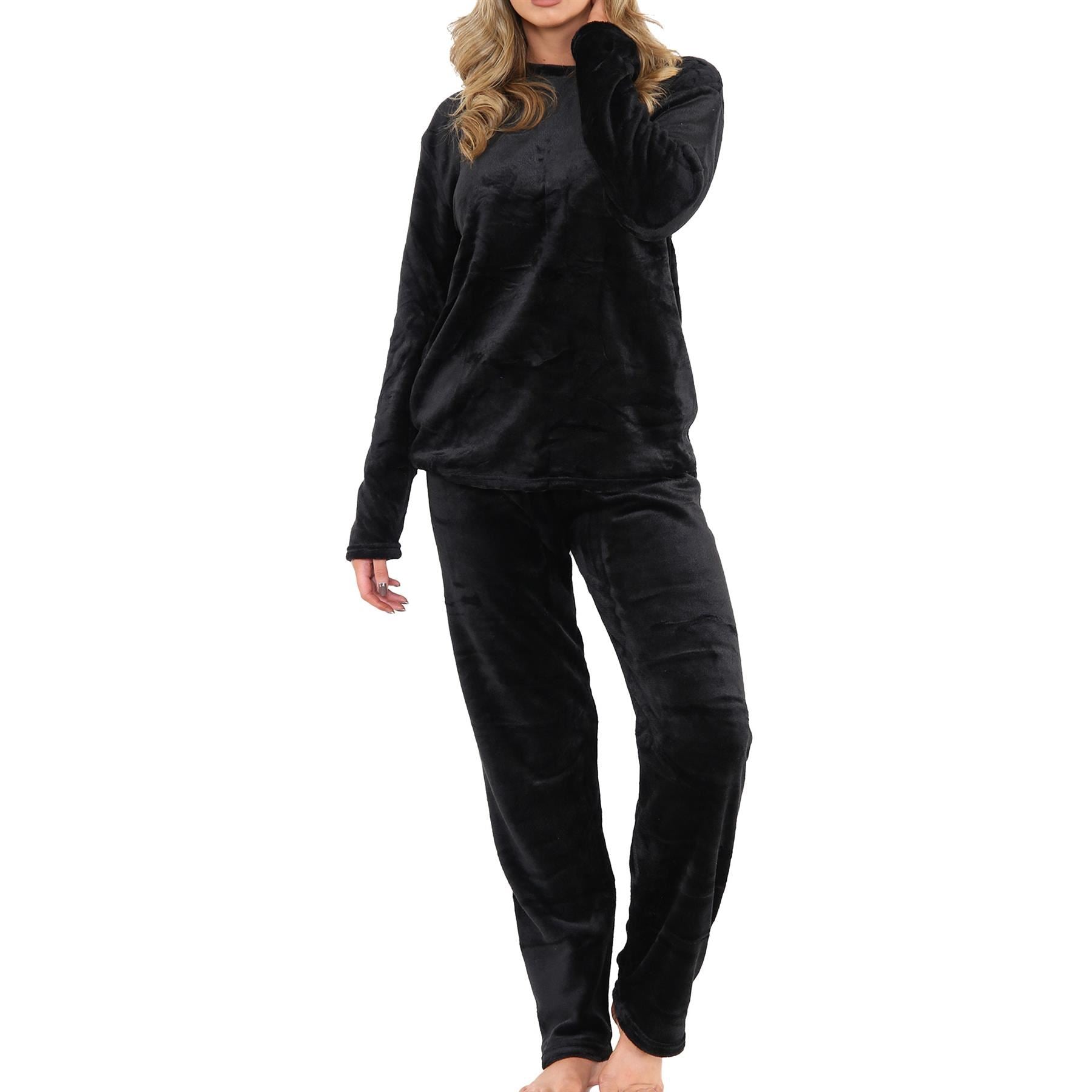 Ladies Pyjamas Soft Warm Fleece Adults Crew Neck Pyjamas 2 Piece Gift Set