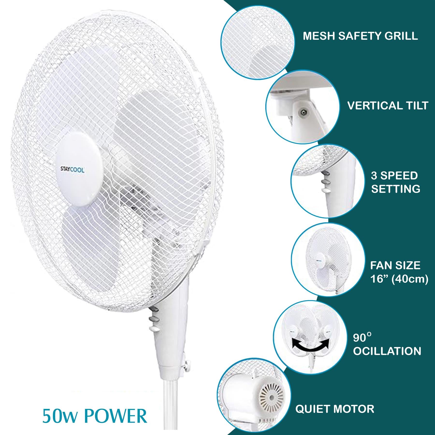 A2Z 16 Inch Oscillating Pedestal Fan Adjustable Stand Low Noise Cooling Fan