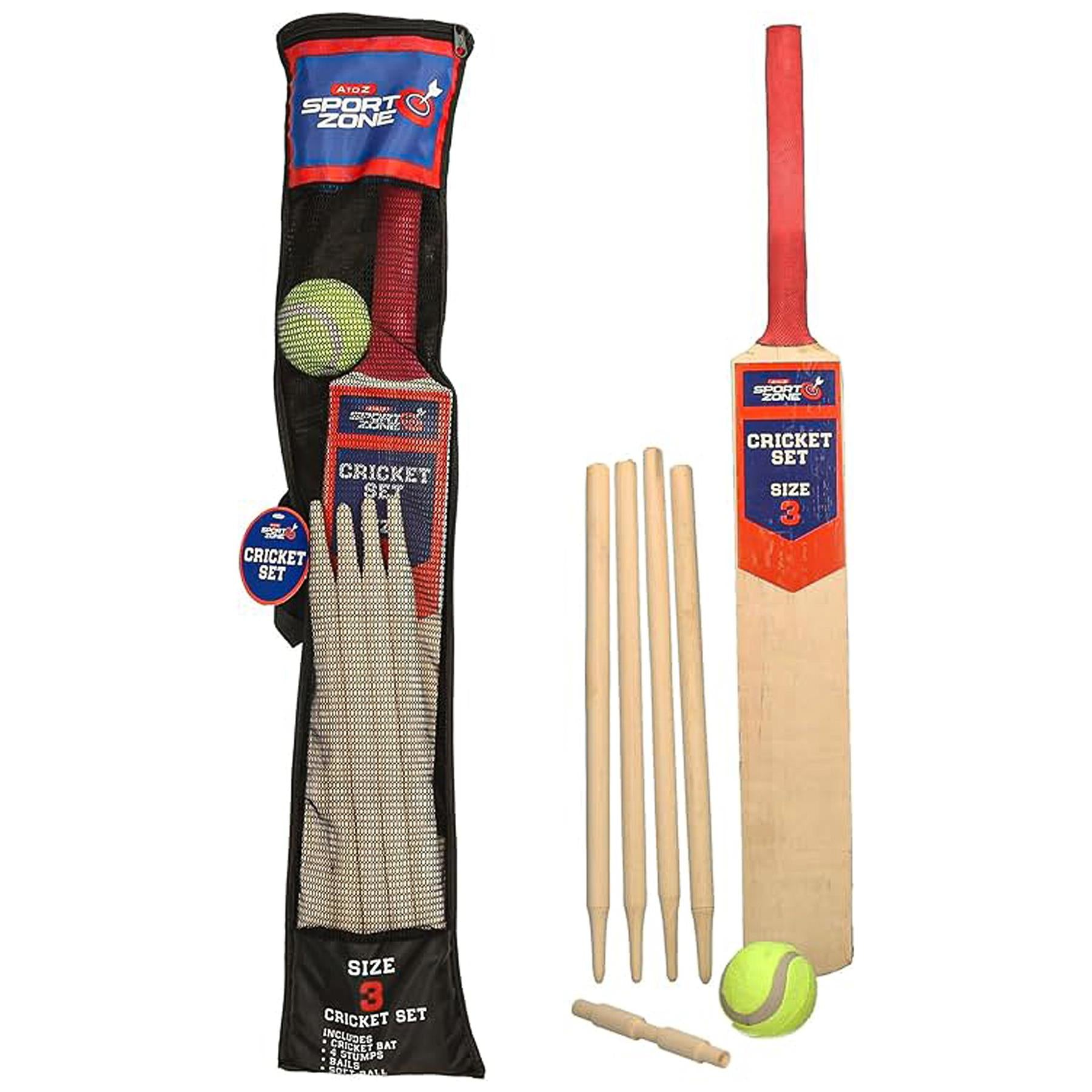 Cricket Set Wooden Bat/Stumps/Bails And Soft Ball Size 3 Game Set With Carry Bag