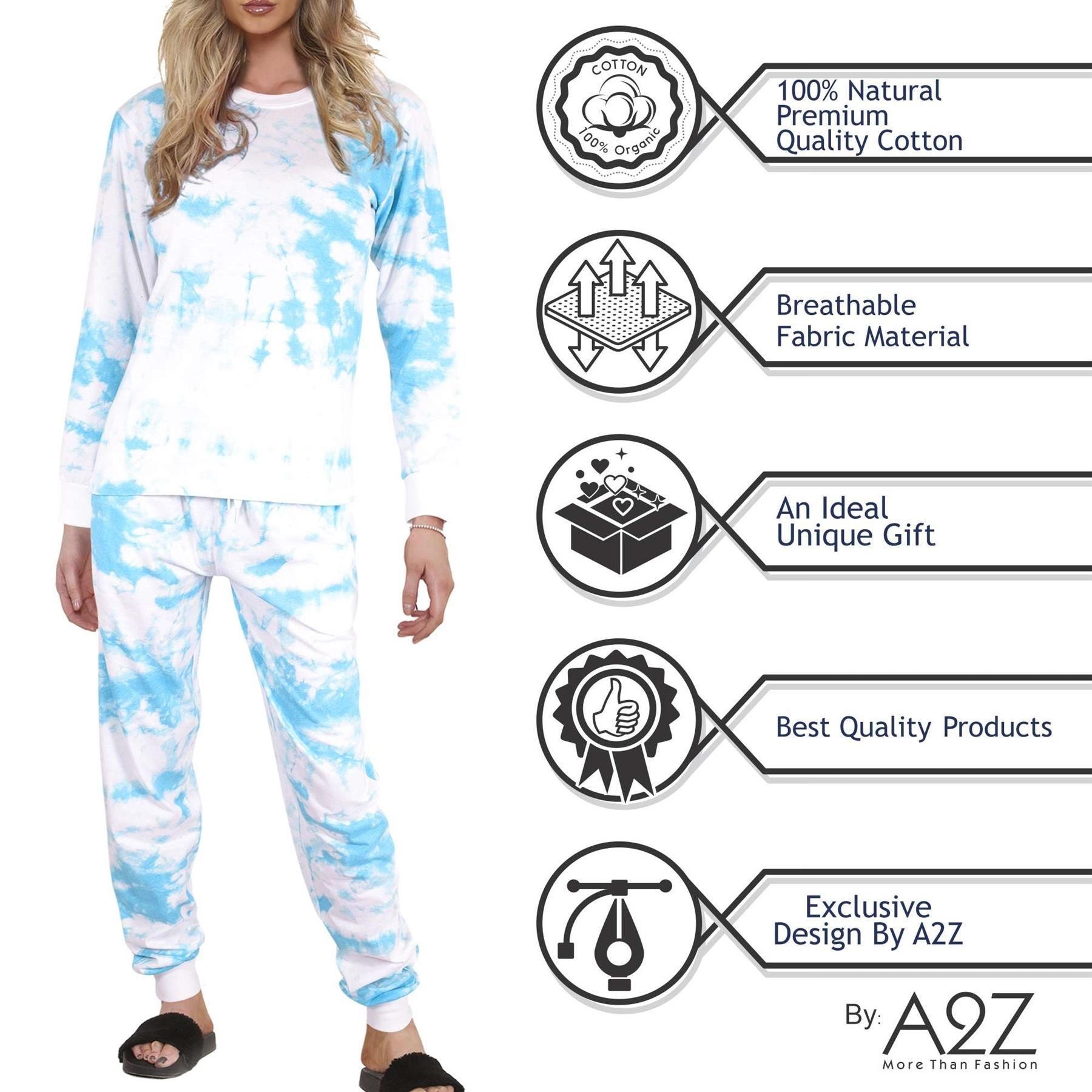 Ladies Pyjamas Tie Dye Print Blue Long Sleeves Top Bottom Lounge Suit For Women