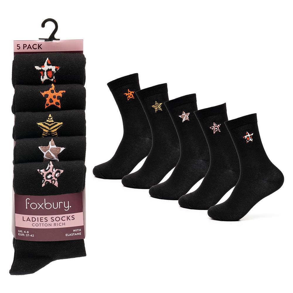 Ladies Embroidered Cats and Stars Cotton Pack of 5 Stylish Comfortable Women Socks